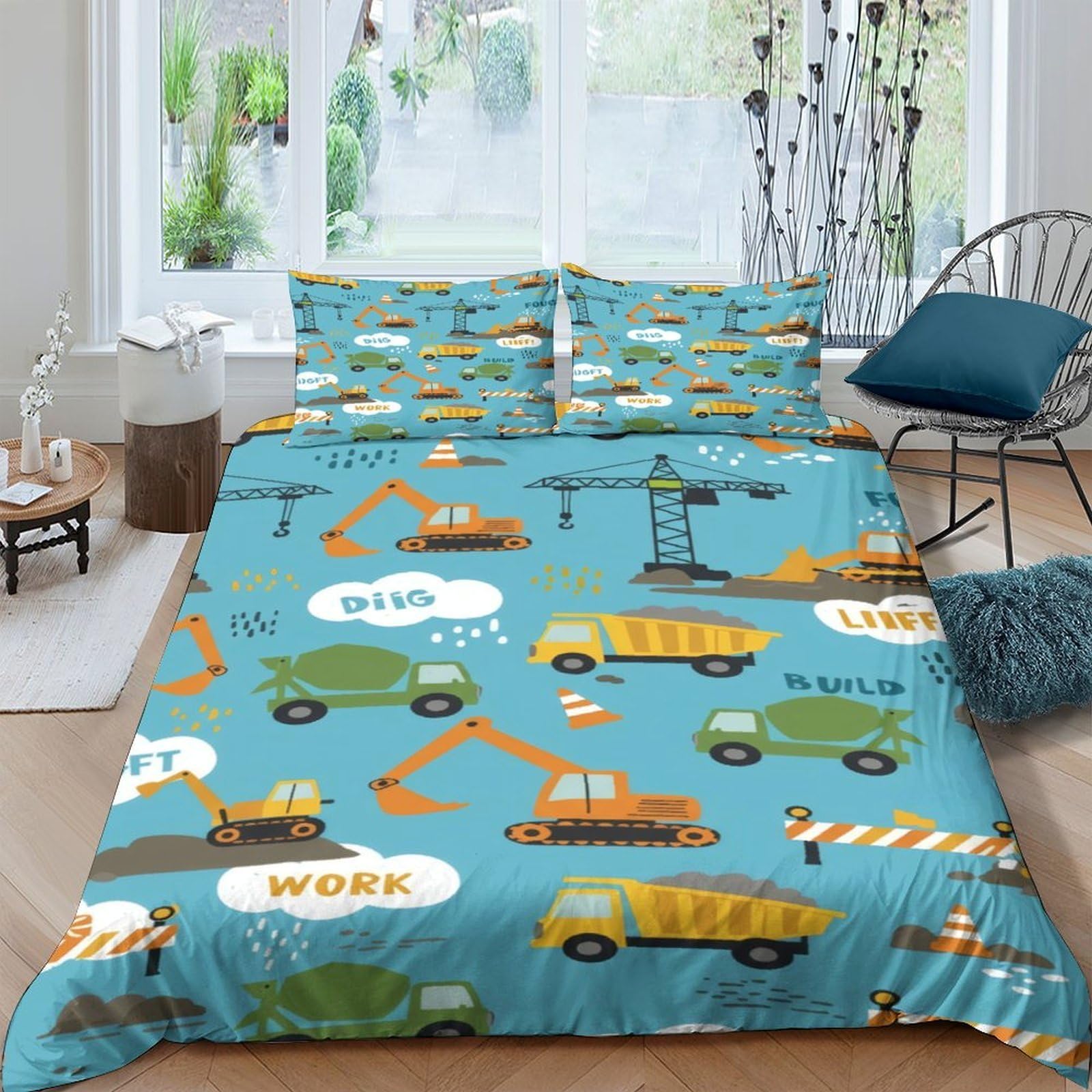 Ctjqhvkz Style-1 3D Printed Construction Vehicles Fitted Sheet Microfiber Soft Blue Truck Bed Cover For Bedroom Dorm Decor Mattress Protection Single（135X200cm）