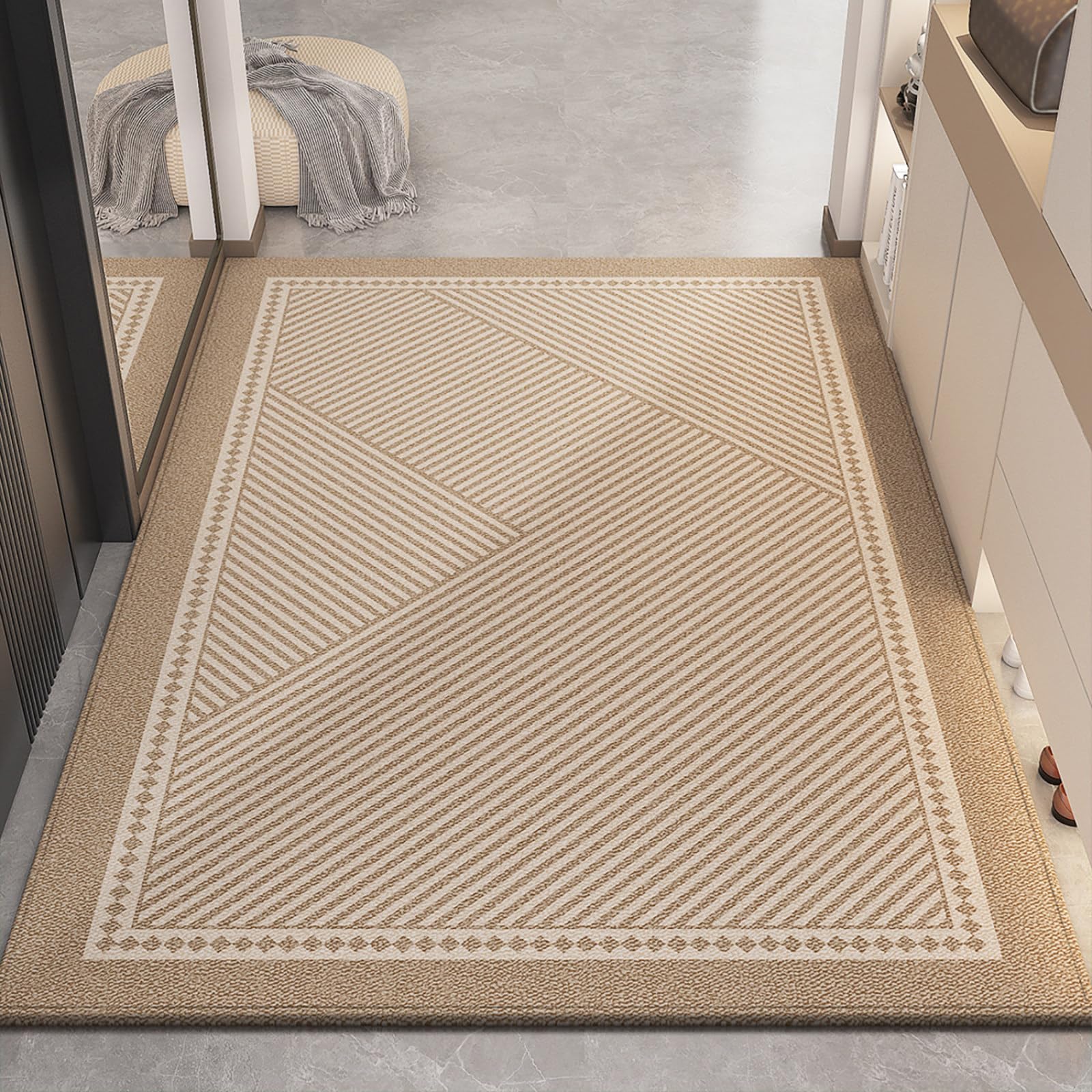 Fussmatte Aussen 90x150 Lichtbraun Linienmuster Schmutzfangmatte rutschfeste Fußmatte Außen für Eingang Patio Flur Garten Türmatte Maschinenwaschbare Fußmatten Haustür
