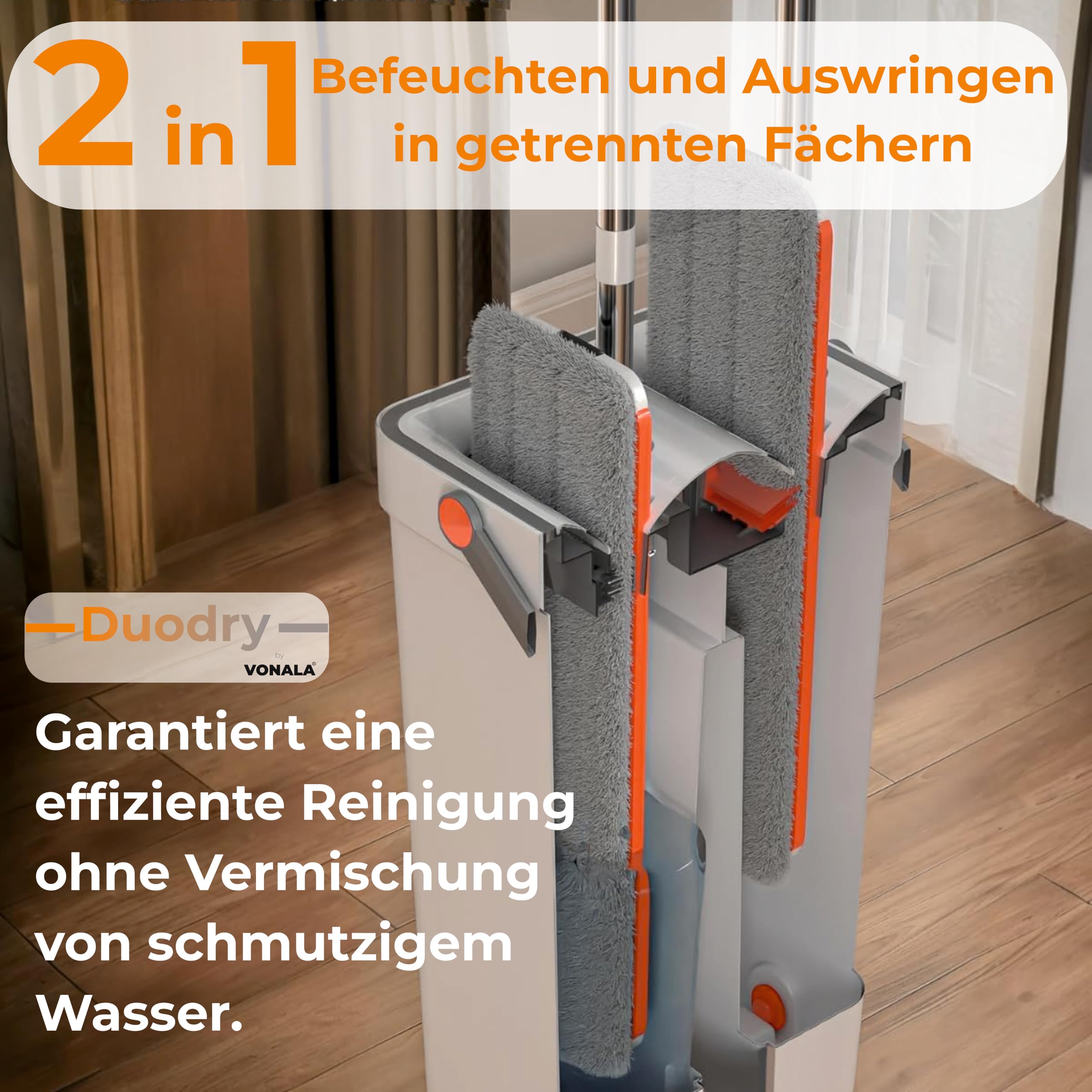 Mop Set Duodry, Bodenwischer Set, Wischmopp mit Auswringfunktion, Wischmopp Set mit Eimer 2 Kammern, Nass- & Trockenmopps für den Haushalt,
