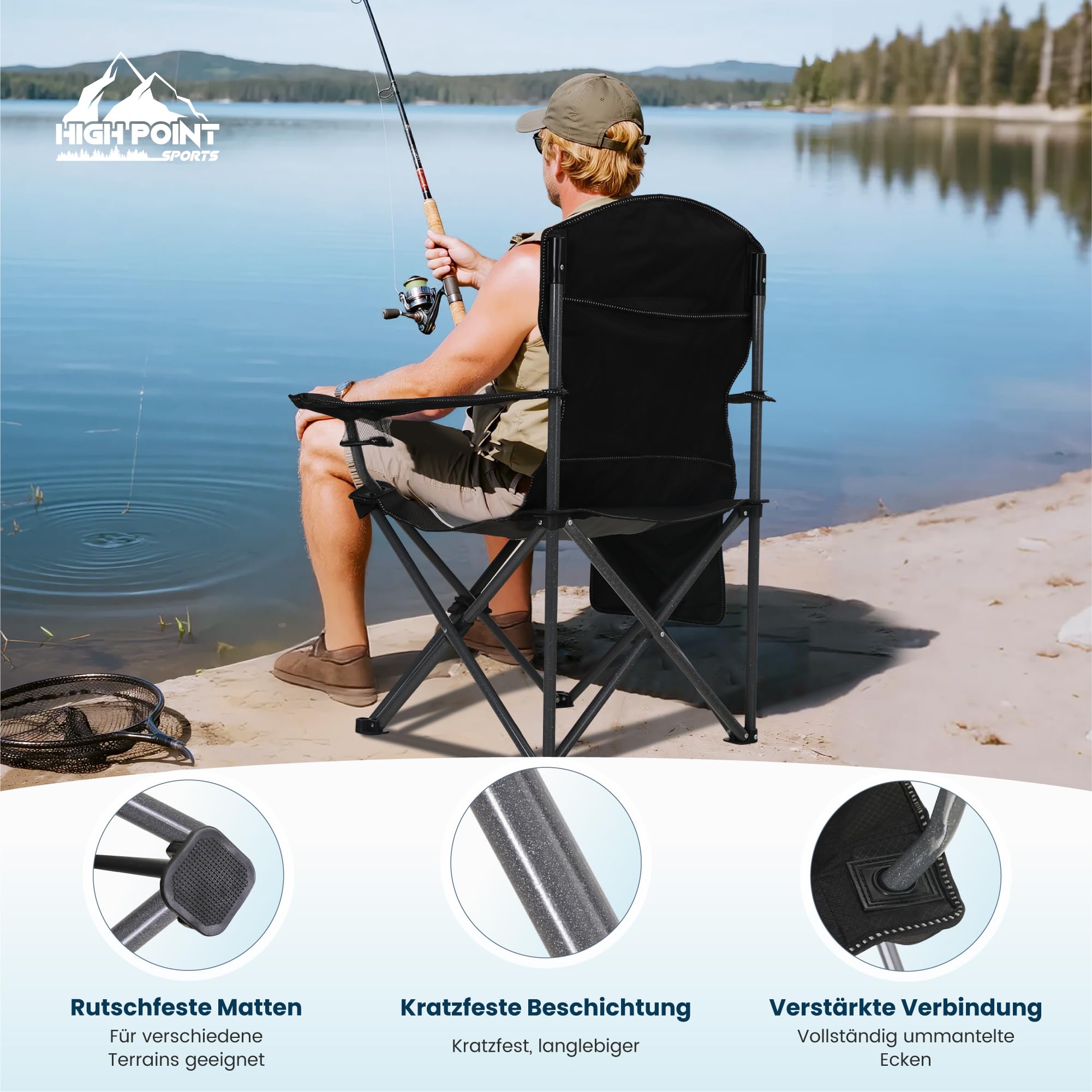 HIGH POINT SPORTS Campingstuhl Faltbar Angelstuhl Klappbar 160 kg Belastbar Klappstuhl mit Armlehne Getränkehalter Stahlrahmen Tragbar Campingsessel