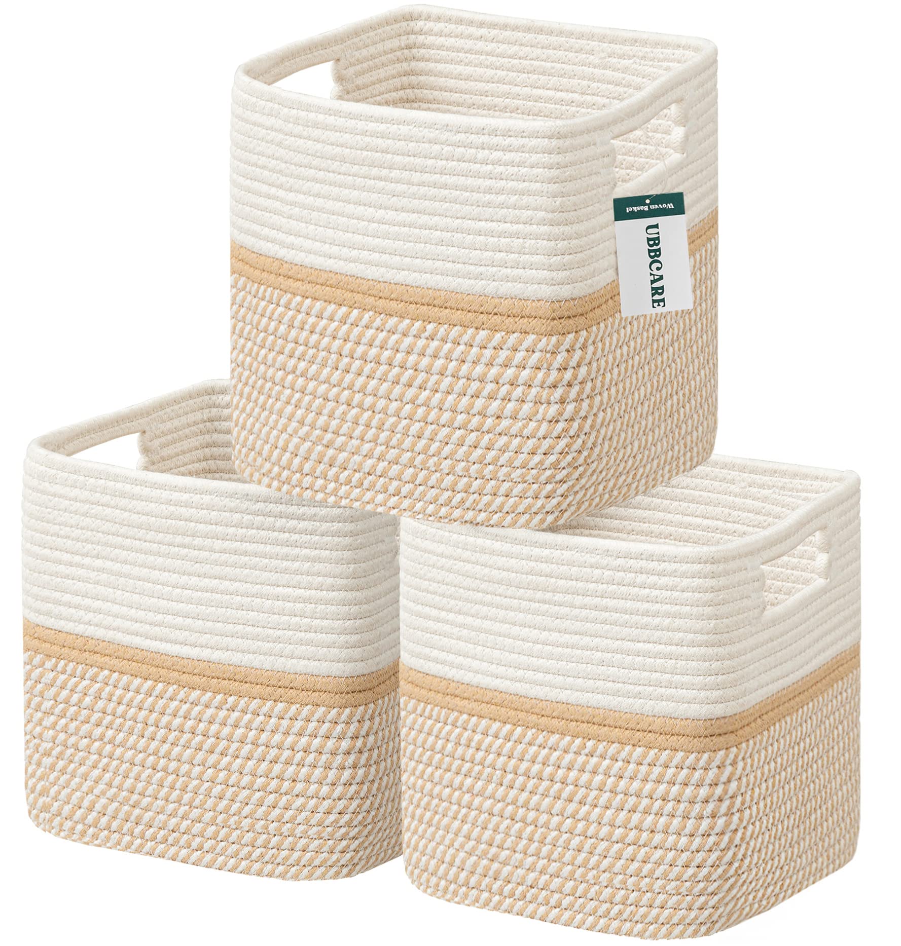 UBBCARE Set of 3 Cotton Rope Basket 11 X 10.5 X 10.5 Inches, Storage Baskets for Shelves, Woven Baskets for Organizing with Handles, Cube Storage Bins for Books, Magazines, Toys, Mixed Khaki