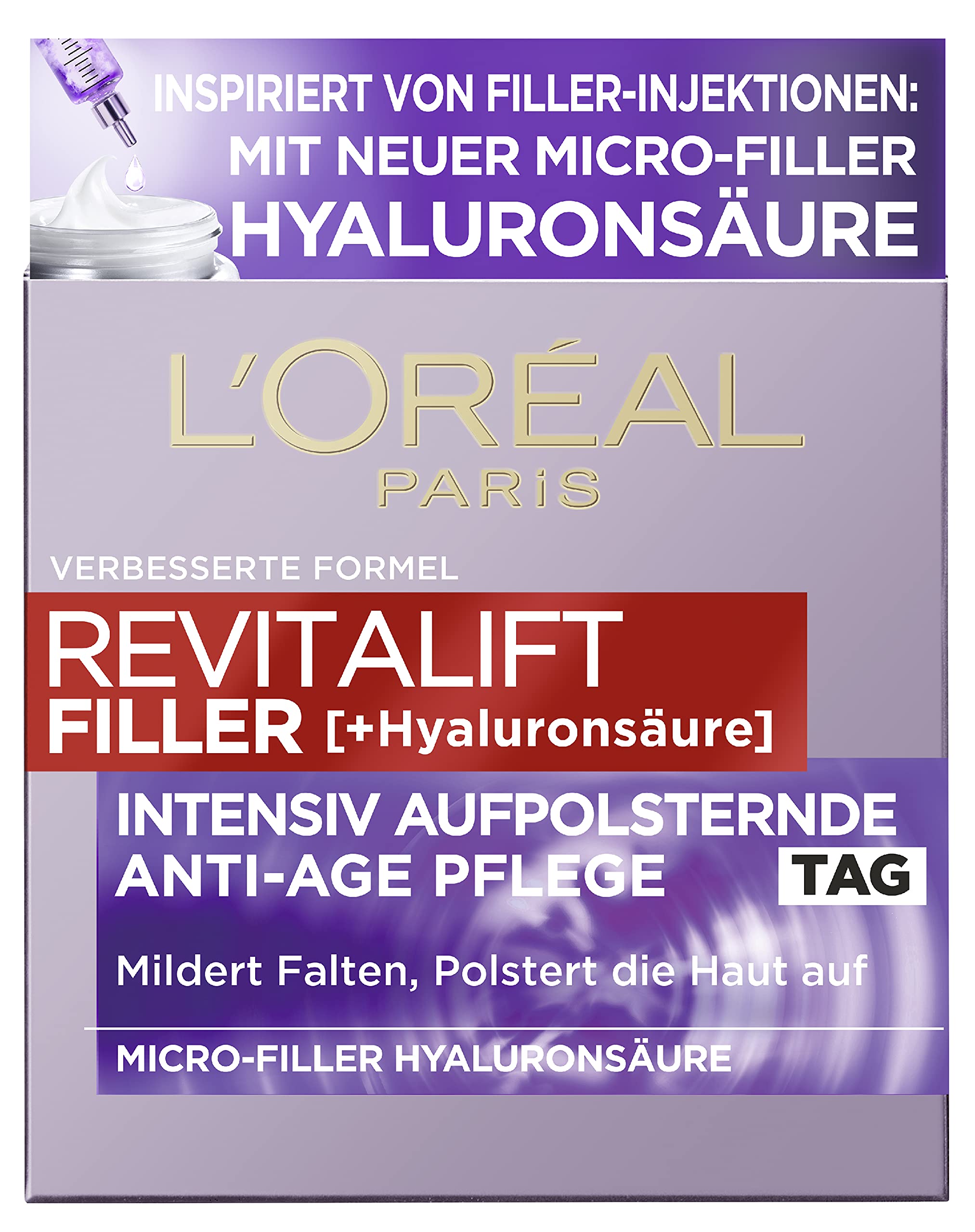 L’Oréal Paris Revitalift Filler, Hyaluronic Day Cream, Anti-Ageing Face Care with Micro-Filler Hyaluronic Acid for Moisture and Anti-Wrinkle Effect, 1 x 50 ml