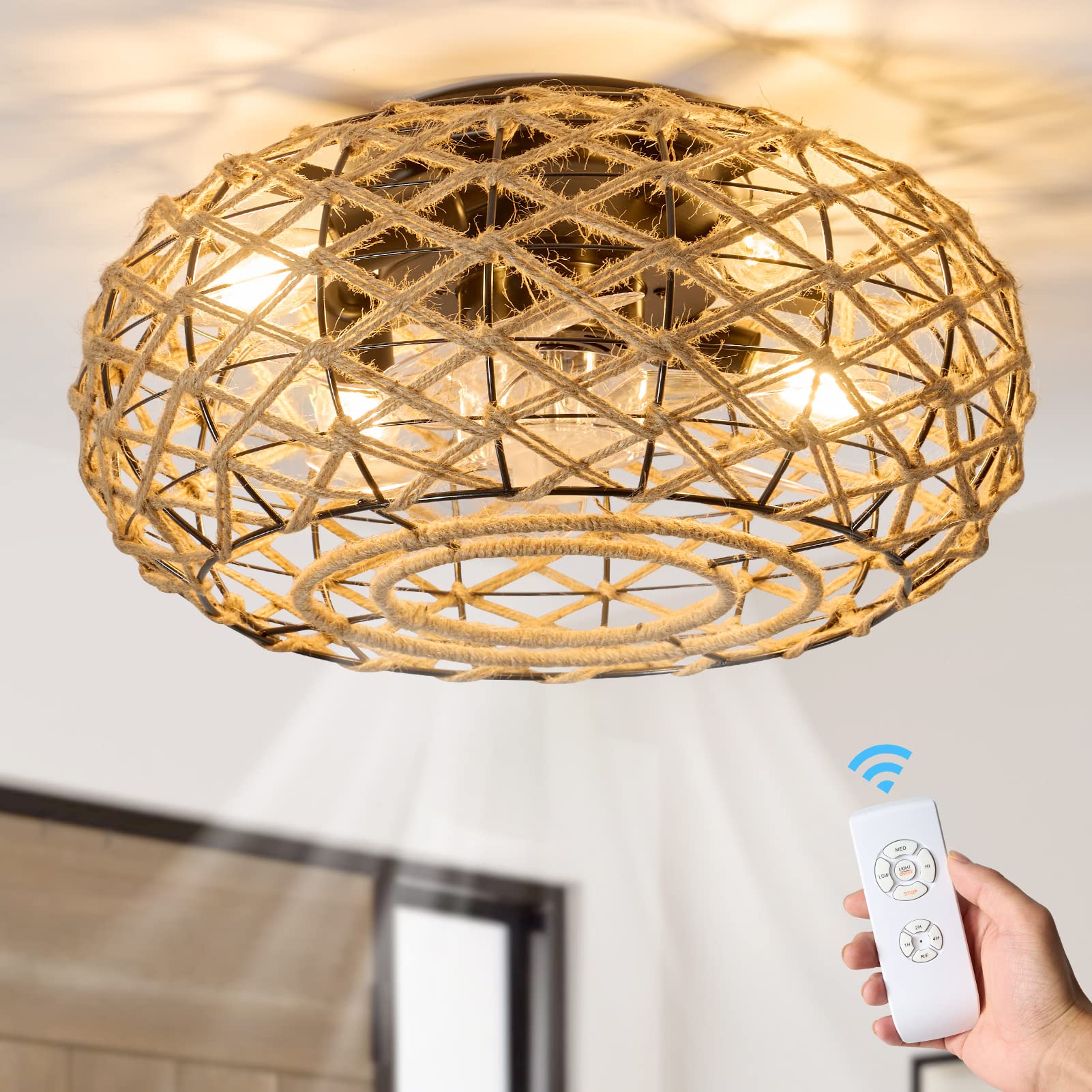 zheshirui 16" Caged Rattan Ceiling Fan with Lights, Small Farmhouse Low Profile Ceiling Fan with Remote Control, Rustic Enclosed Flush Mount 3 Wind Speeds Bladeless for Living Room Kitchen Bedroom