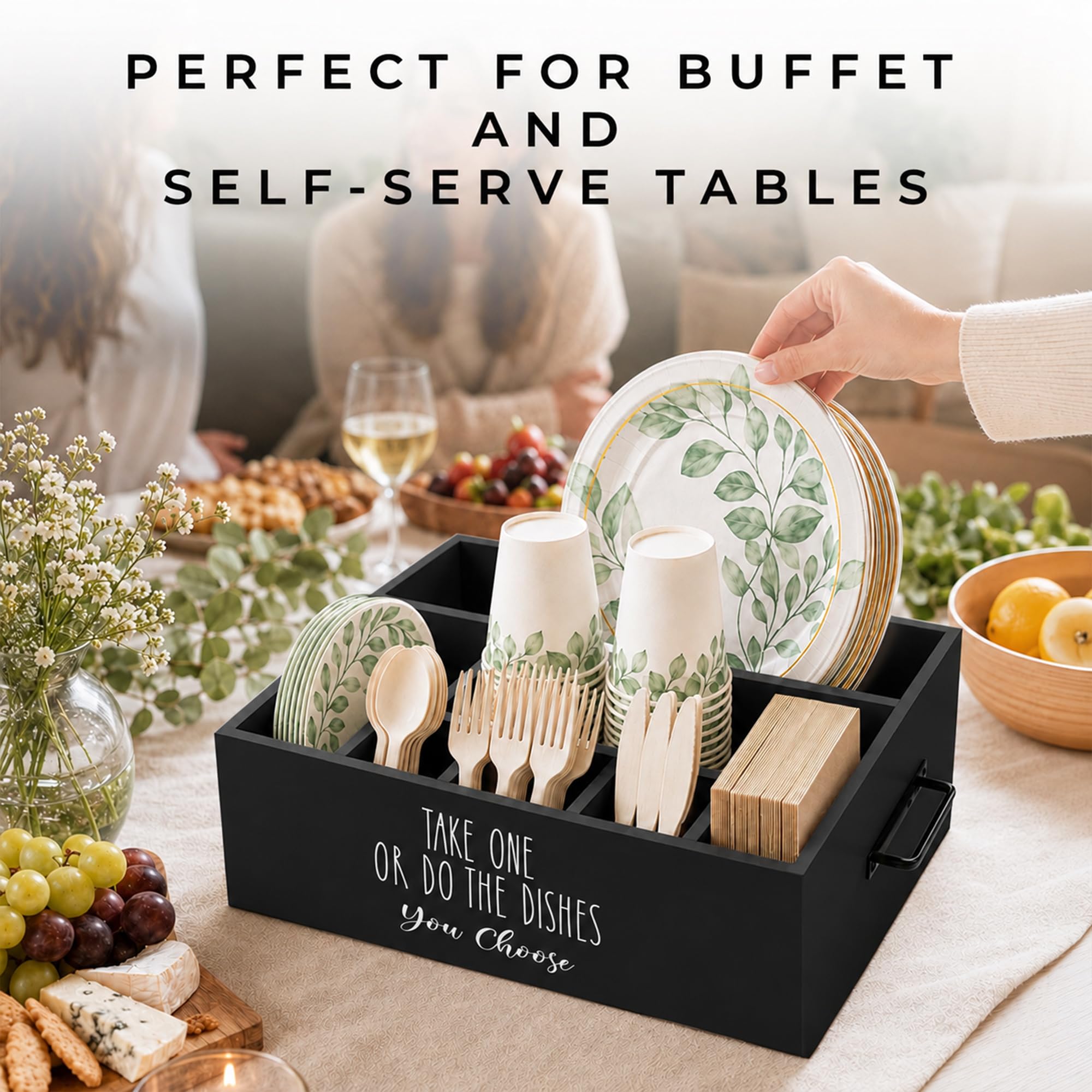 Soporte para platos de papel, organizador de cubiertos de plástico, dispensador de utensilios de plástico para fiestas, bufés, camping, barbacoa, cuchara, tenedor, cuchillos, platos, vasos