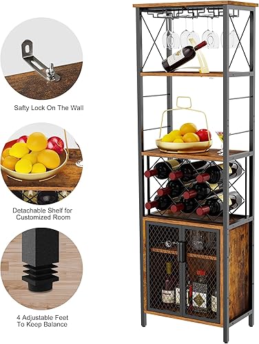Miniatura 4 de Gabinete de bar alto organizador de vino con estante para copas de vino, puerta de malla, tablero interior ajustable, multifuncional, para el hogar,
