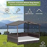 Vista 8 de Tangkula Casa de mimbre para perros, cama elevada de ratán para interiores y exteriores con cojín extraíble, funda lavable, techo impermeable