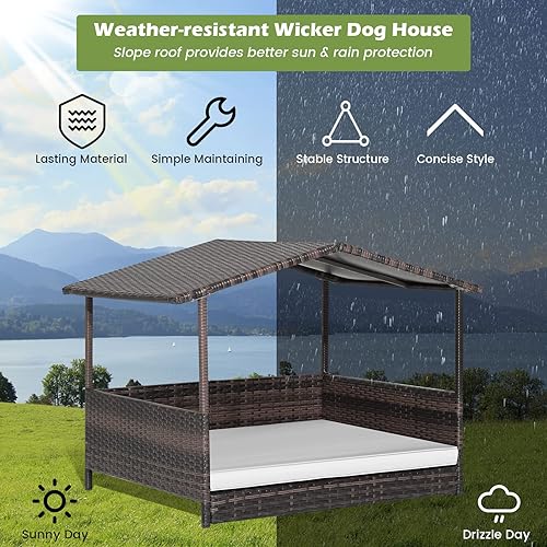 Miniatura 8 de Tangkula Casa de mimbre para perros, cama elevada de ratán para interiores y exteriores con cojín extraíble, funda lavable, techo impermeable,