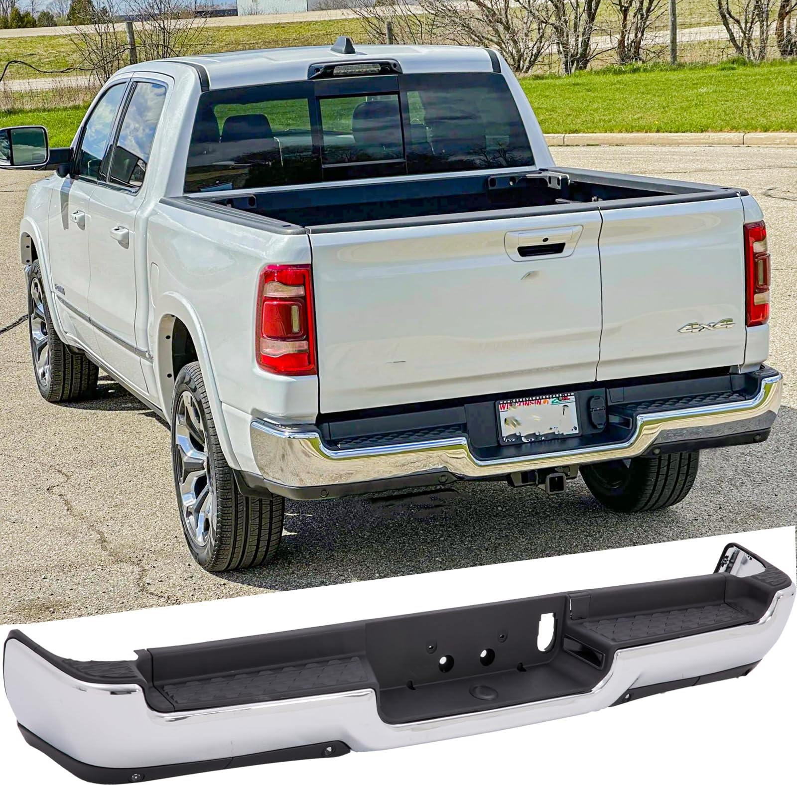 Rear Steel Step Bumper Assembly Compatible with 2019-2024 Dodge Ram 1500 without Dual Exhaust with Park Sensor Holes Chrome Back Bumper Replacement for CH1103138