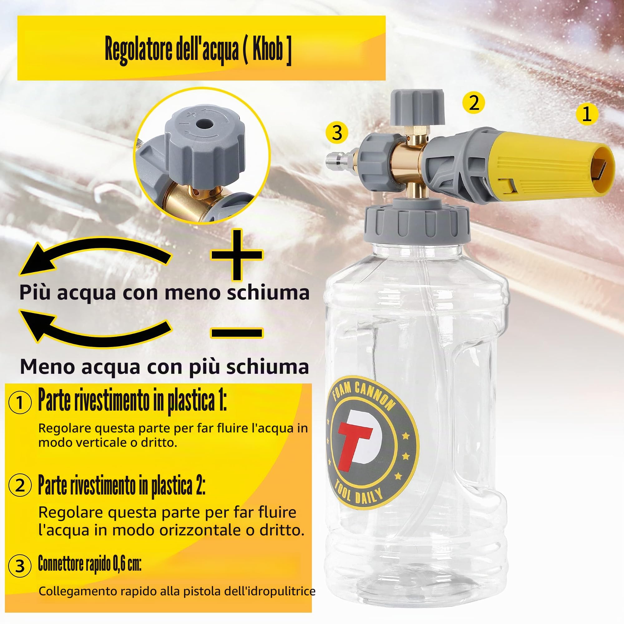 Tool Daily Lancia Schiuma con Pistola per Idropulitrice da 5000 PSI, Pistola con Connettore Rapido Girevole da 3/8'', Cannone Schiuma Regolabile, con Attacchi Rapidi M22 e da 1/4'', Capacità 1,5 Litri