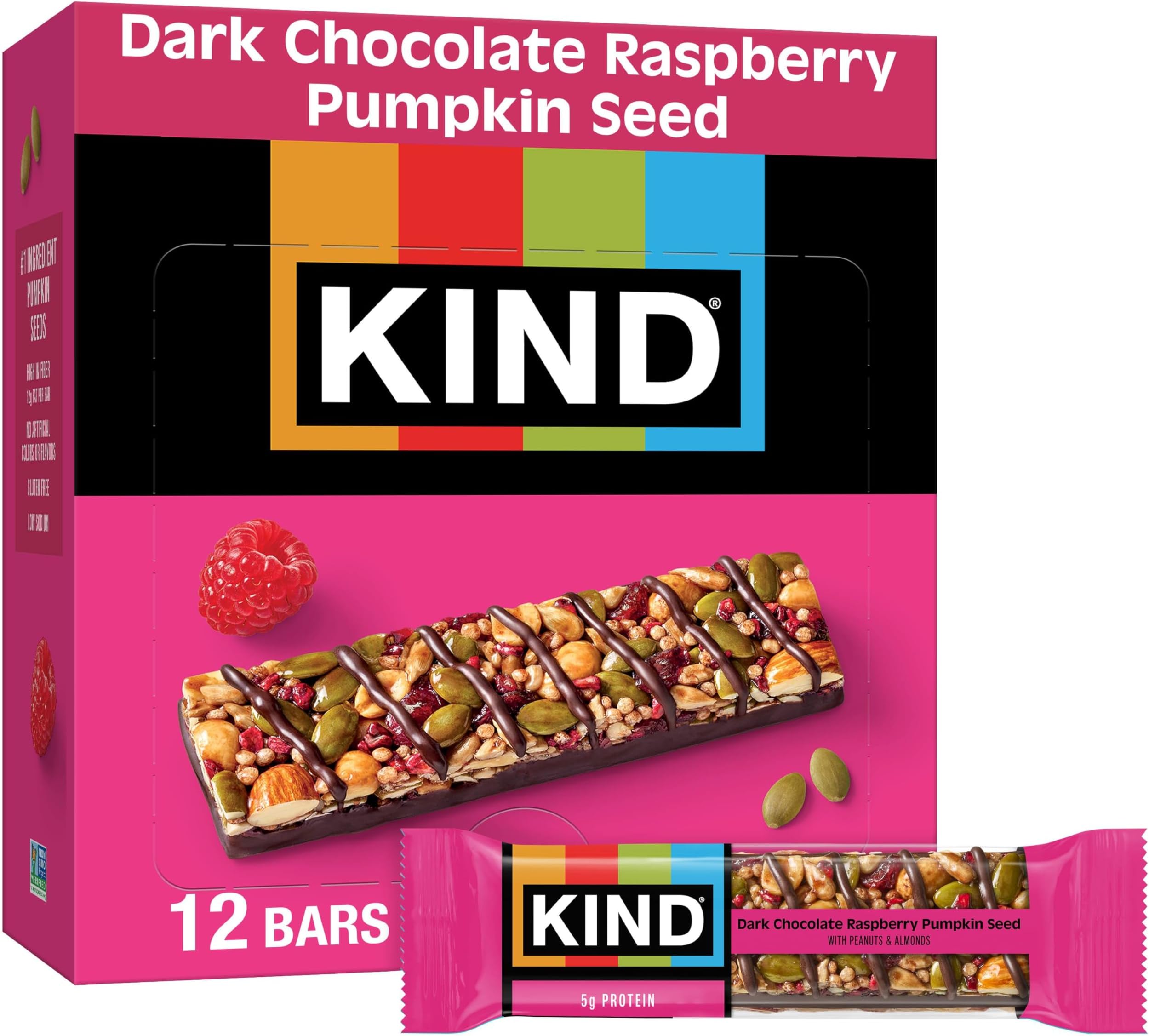Healthy Snacks Bars, Dark Chocolate Raspberry Pumpkin Seed, Gluten Free, High Fiber Snacks, 5g Protein, 12 Count