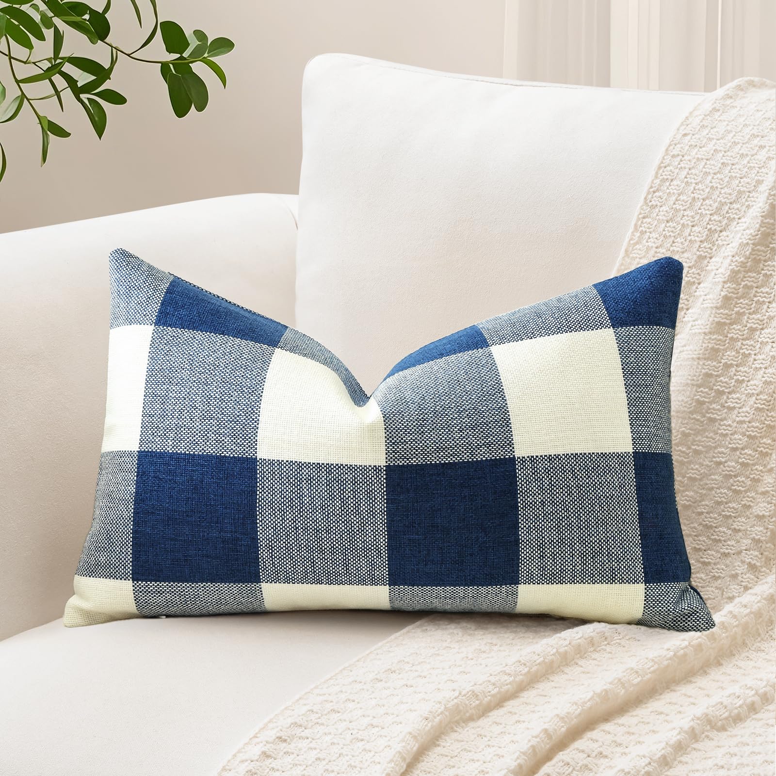 Sungeek Set of 1 Buffalo Check Decorative Cushion Cover 40 x 60cm Linen Plaid Farmhouse Pillow Cover Tartan Lumbar Throw Pillow Case for Sofa Couch Bed Patio 16x24 Inch, Blue — image 1