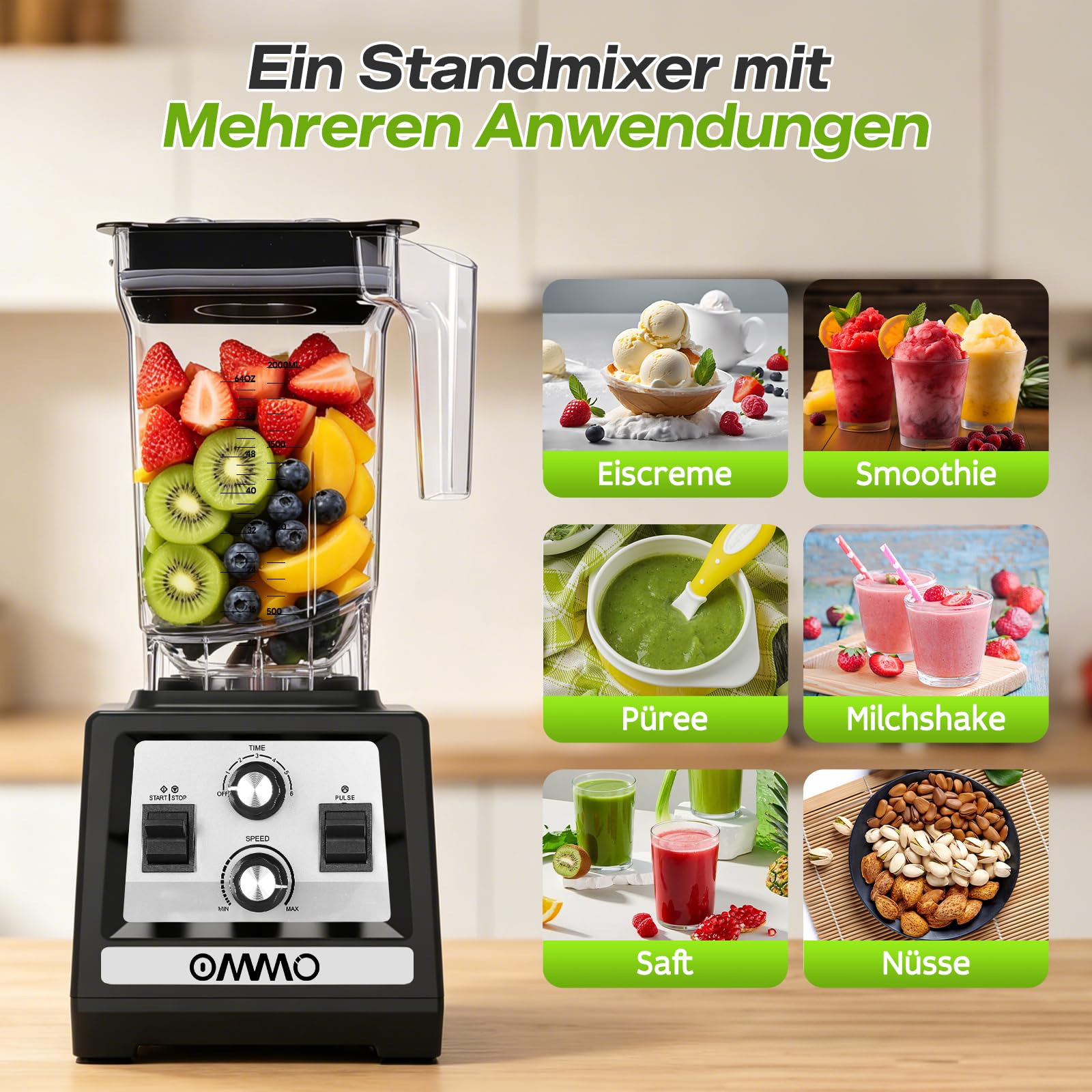 OMMO 2L Standmixer Hochleistungsmixer, Mixer Smoothie Maker Max 1800W | für Eisbrechen, Milkshakes, Gefriergetränke, Timer und Geschwindigkeitssteuerung, 6 Verbesserte Edelstahlklingen, BPA Frei