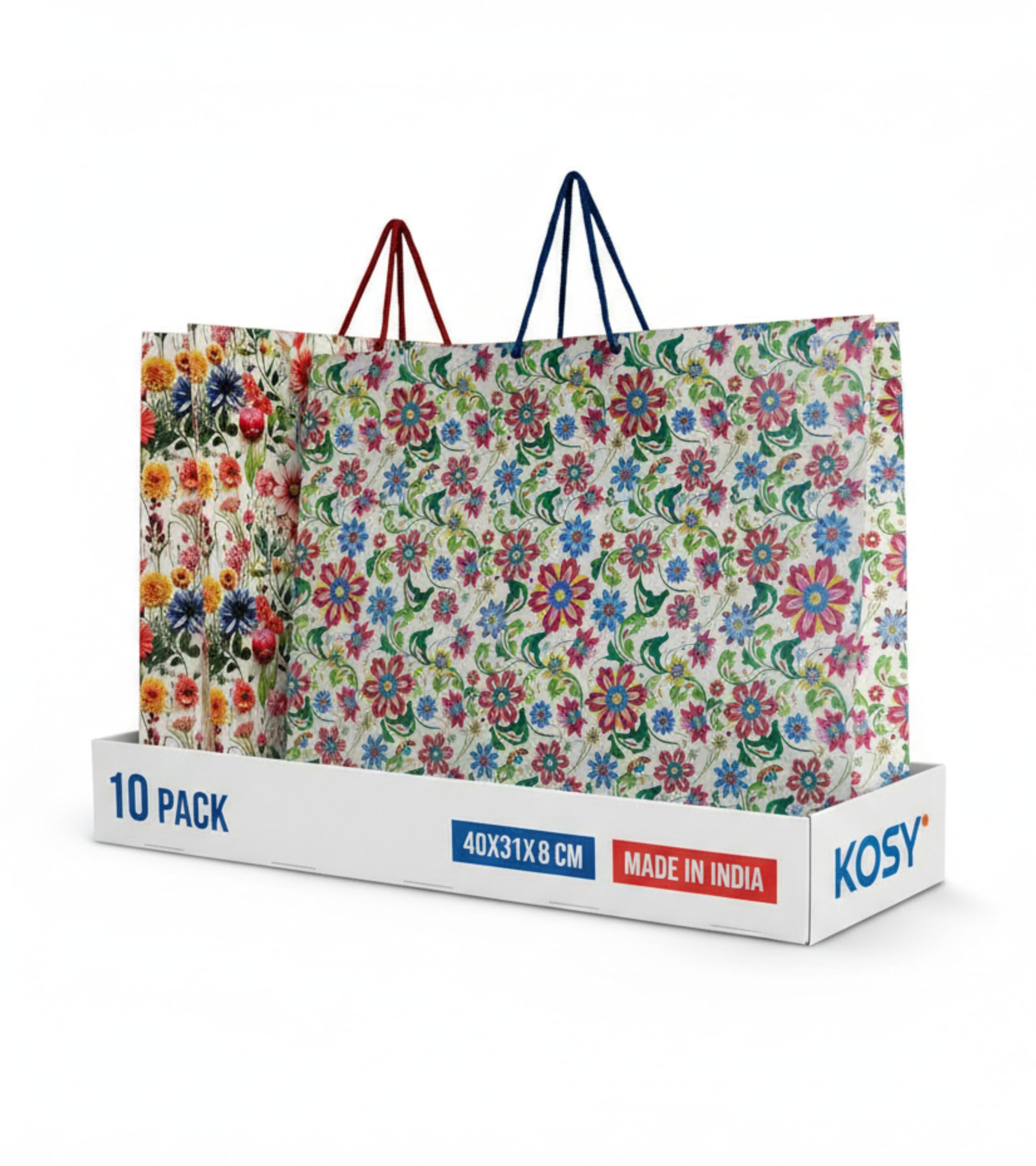 KOSY Paper Gift Bag for Gifting Eco Friendly Reusable Printed Paper Carry Bag with Madhubani and Multi Flower Designer Pattern Durable Lightweight Large Size for Chocolates Jewelry Accessories Pack of 10