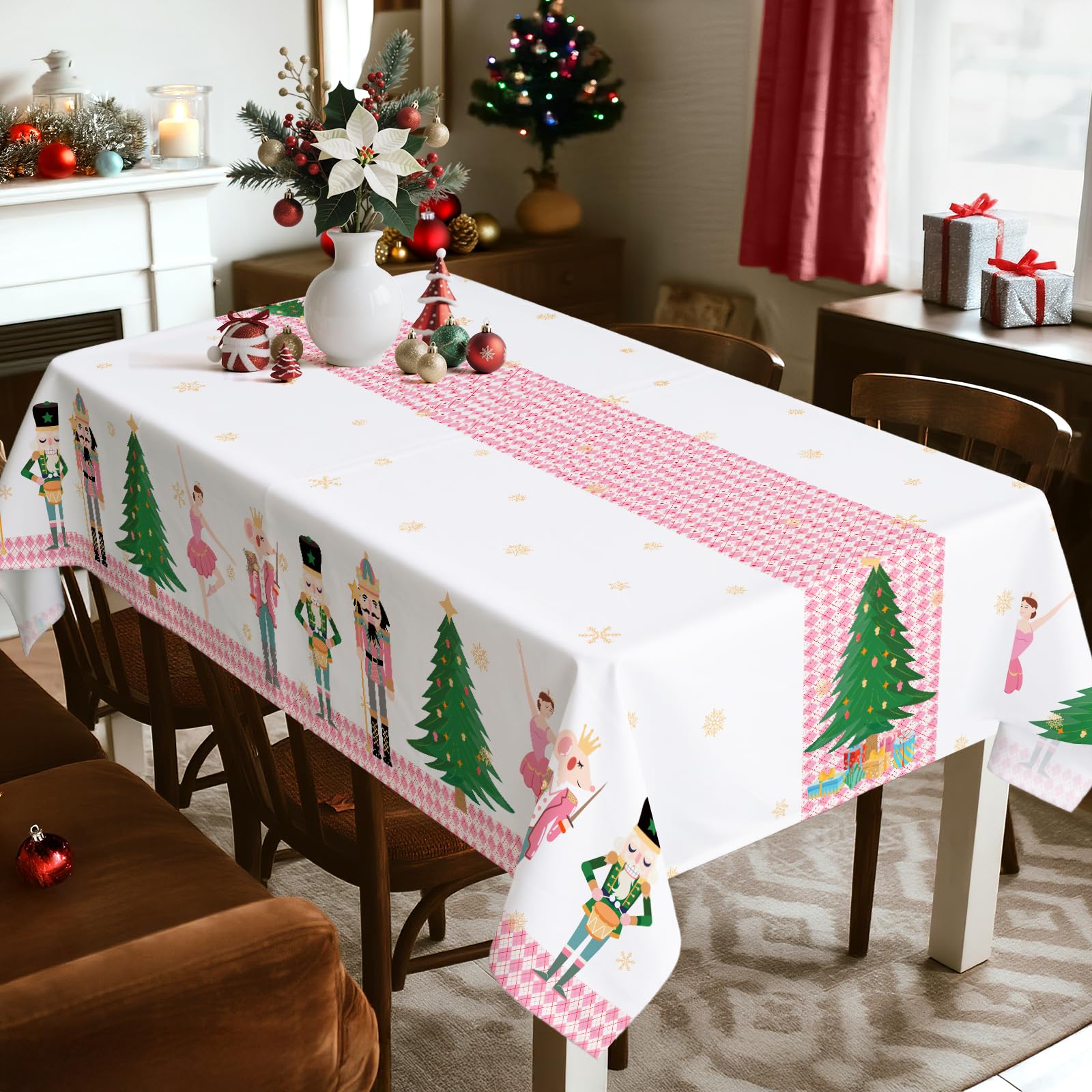 Tovaglia Natale Schiaccianoci Rosa Impermeabile, Tovaglie Rettangolare di Natale Resistente, Copritavolo Lavabile per Cucina Domestica Decorazione per Feste Autunno Inverno(152x304 Cm)