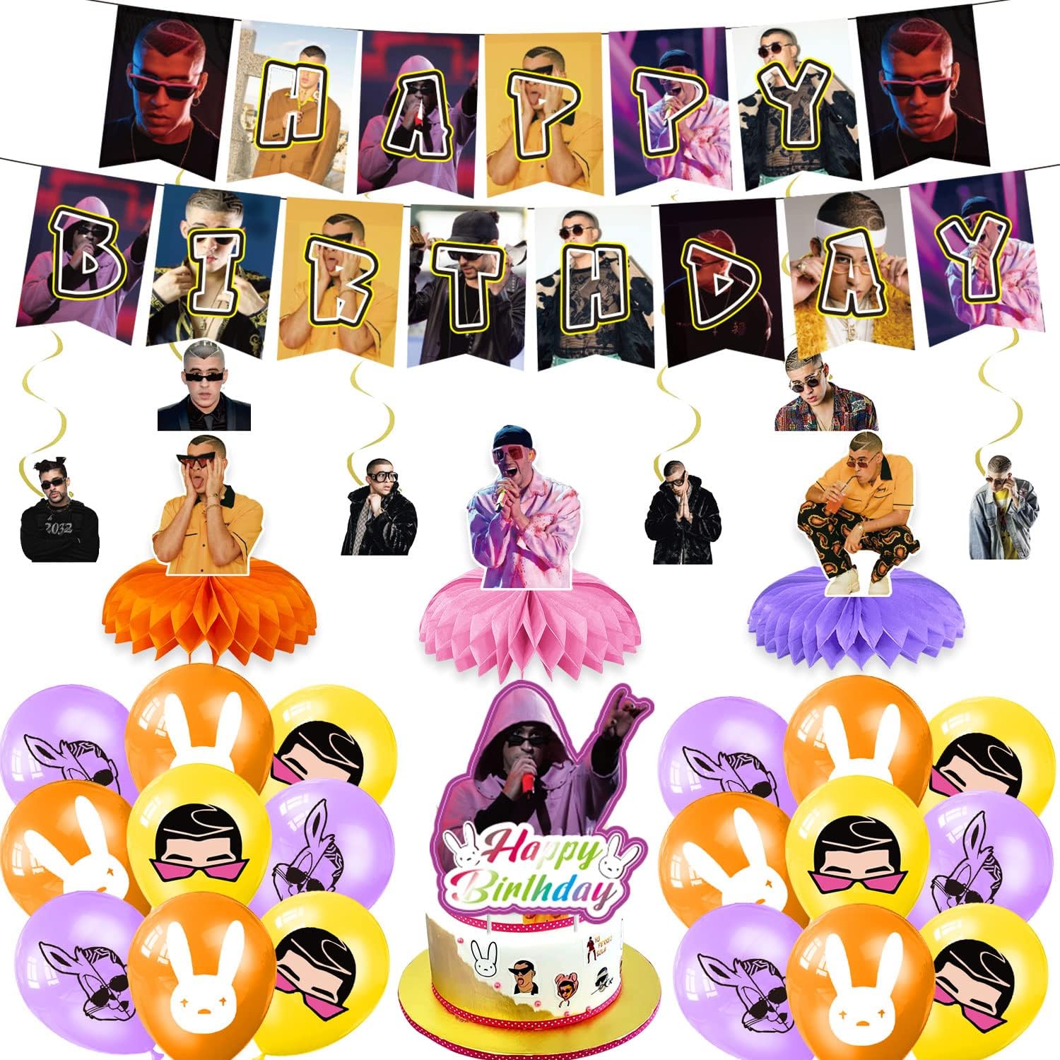 Bad Bunny Party Decoration, Cool Singer Bad Bunny Theme Birthday Banner Honeycomb Centerpieces Cake Topper Bad Bunny Party Latex Balloons for Birthday Baby Shower Party Supplies