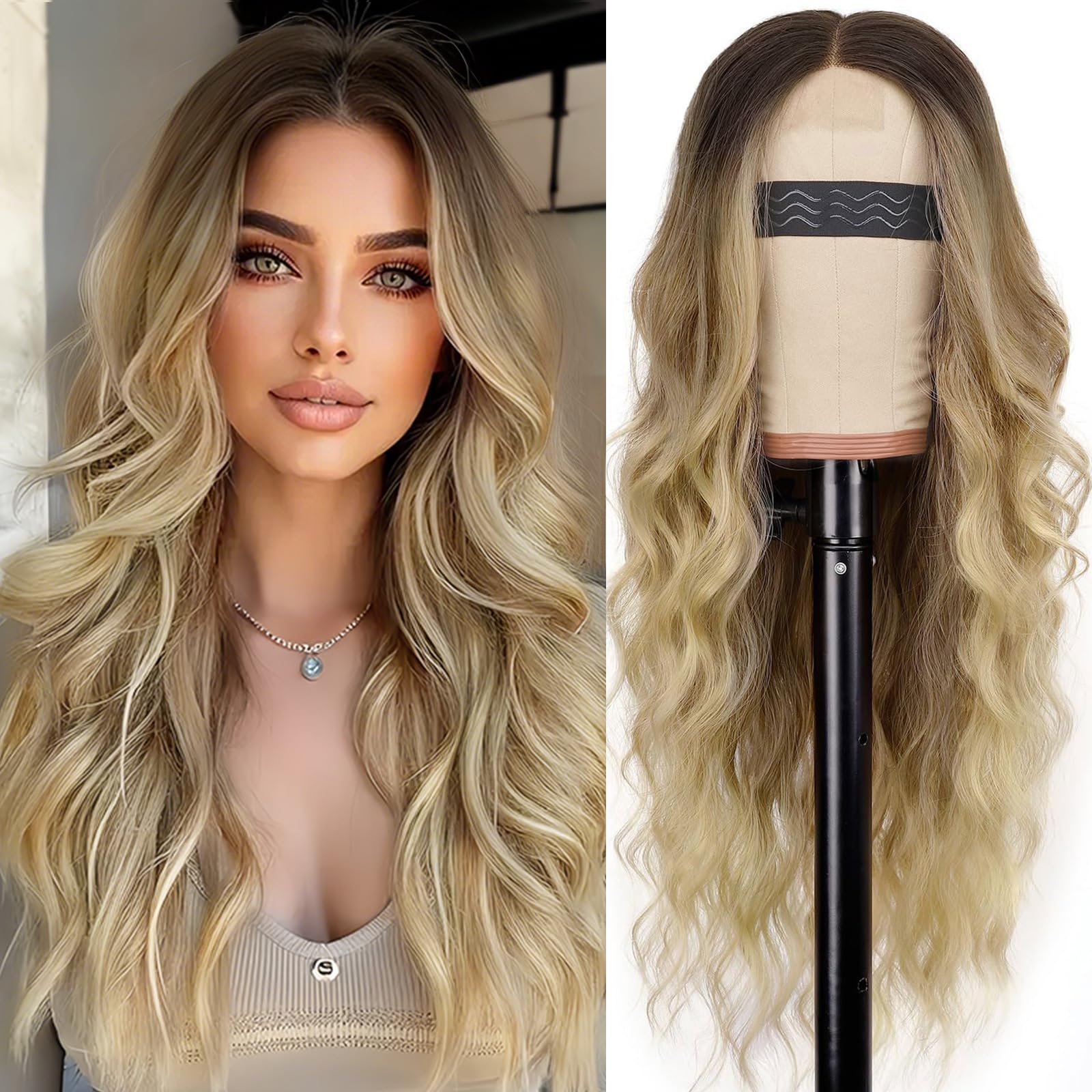 AISI HAIR Blonde Wig for Women, Wavy Lace Hairline Synthetic Wig 26Inch Ombre Blonde
