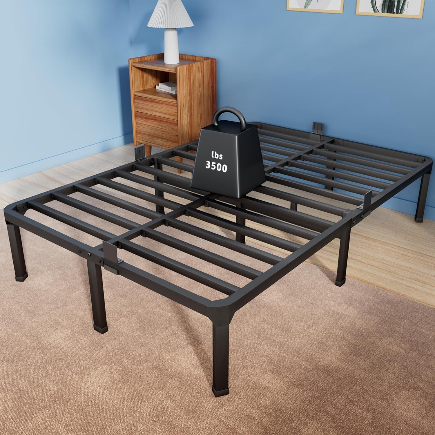 ROIL 14 Inch Queen Size Bed Frame with Mattress Slide Stopper - Double Black Basic Anti Squeak Steel Slats Metal Platform, Heavy Duty Noise Free Easy Assembly Bedframes, No Box Spring Needed Queen 14 Inch