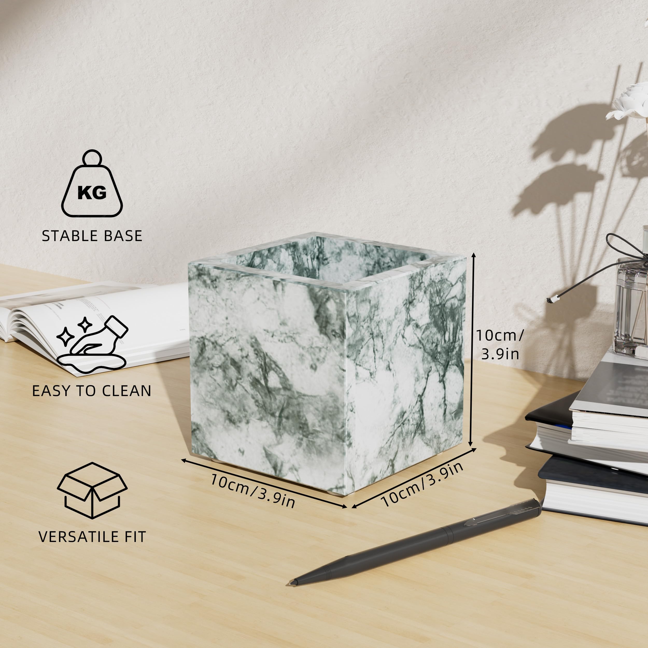 Portaspazzolino da Bagno in Marmo Naturale,10x10x10cm,Texture Verde | Porta Spazzolini con Cuscinetto Antiscivolo,Supporto per Spazzolino,Coppa di Pennello per il Trucco in Pietra con Motivi