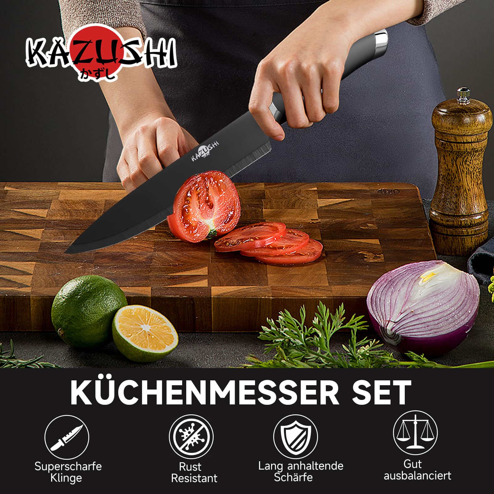 KAZUSHI 8-tlg Messerset mit Drehbare Messerblock, Profi Scharfe 