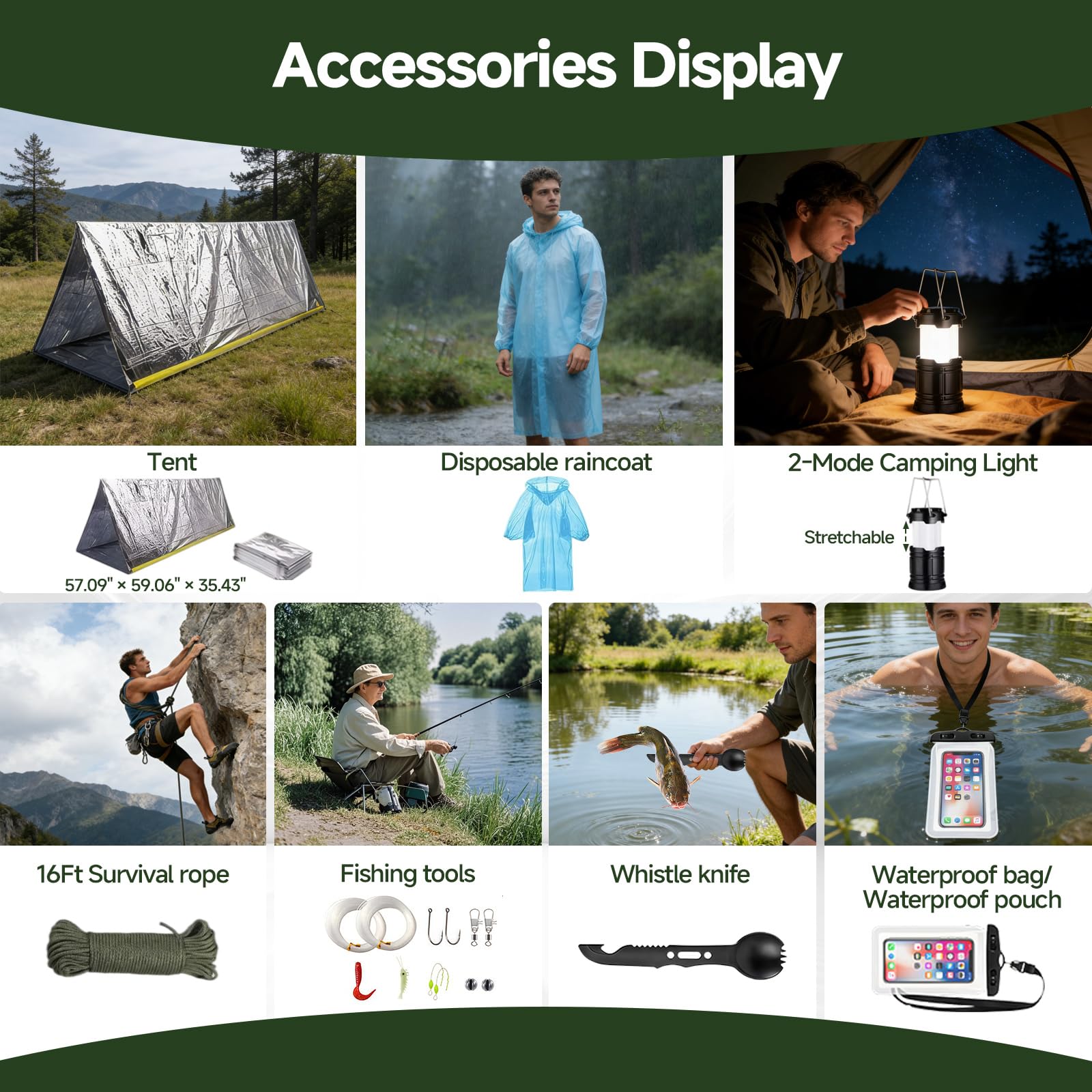 Außen Notfall Survival Kit, 43 in 1 Notfall Survival Ausrüstung mit Erste Hilfe Set, Multi-Tool Axt, Kompass, Notfallrucksack für Männer Camping Bergsteigen Wandern Abenteuer im Freien