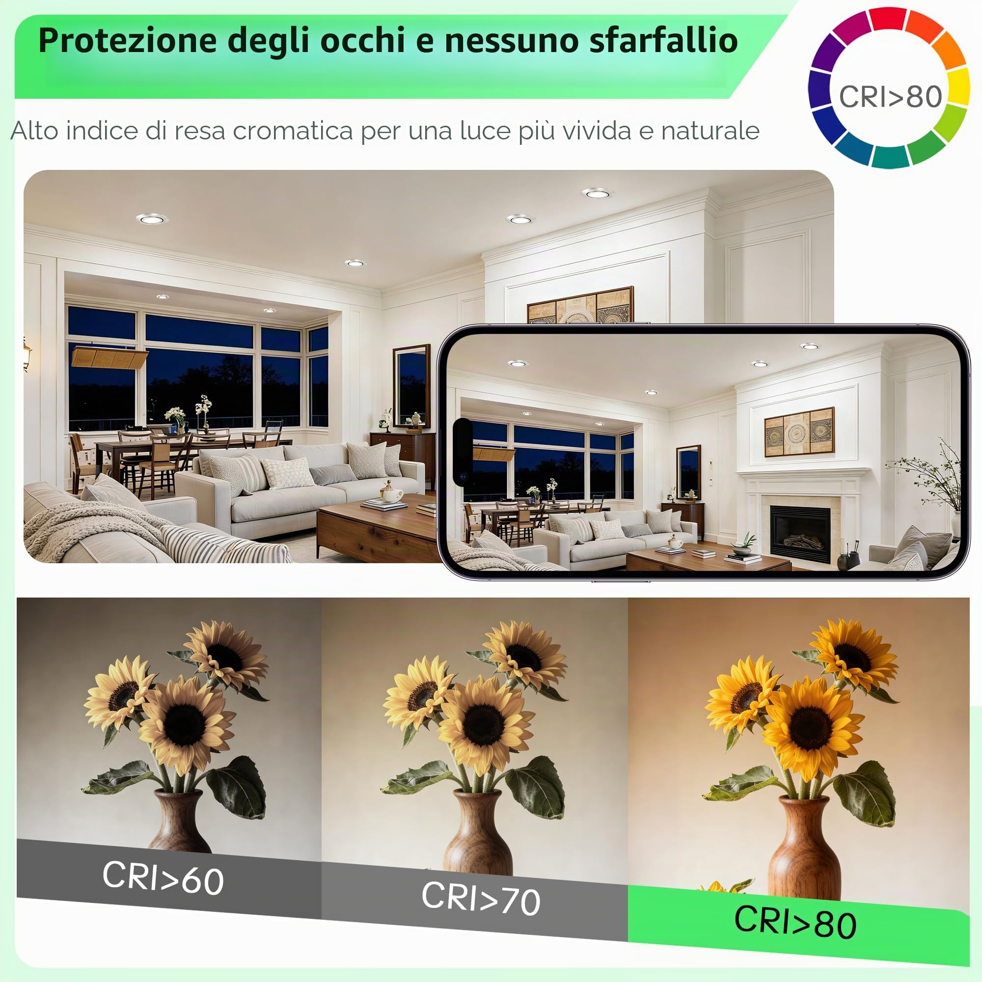 Faretti LED da incasso, 230V, dimmerabili, 6W, IP44, diametro 68mm, orientabili a 38°, temperatura colore 3000K/4000K/6000K, per bagno, faretti piatti da incasso, Nichel, 6er