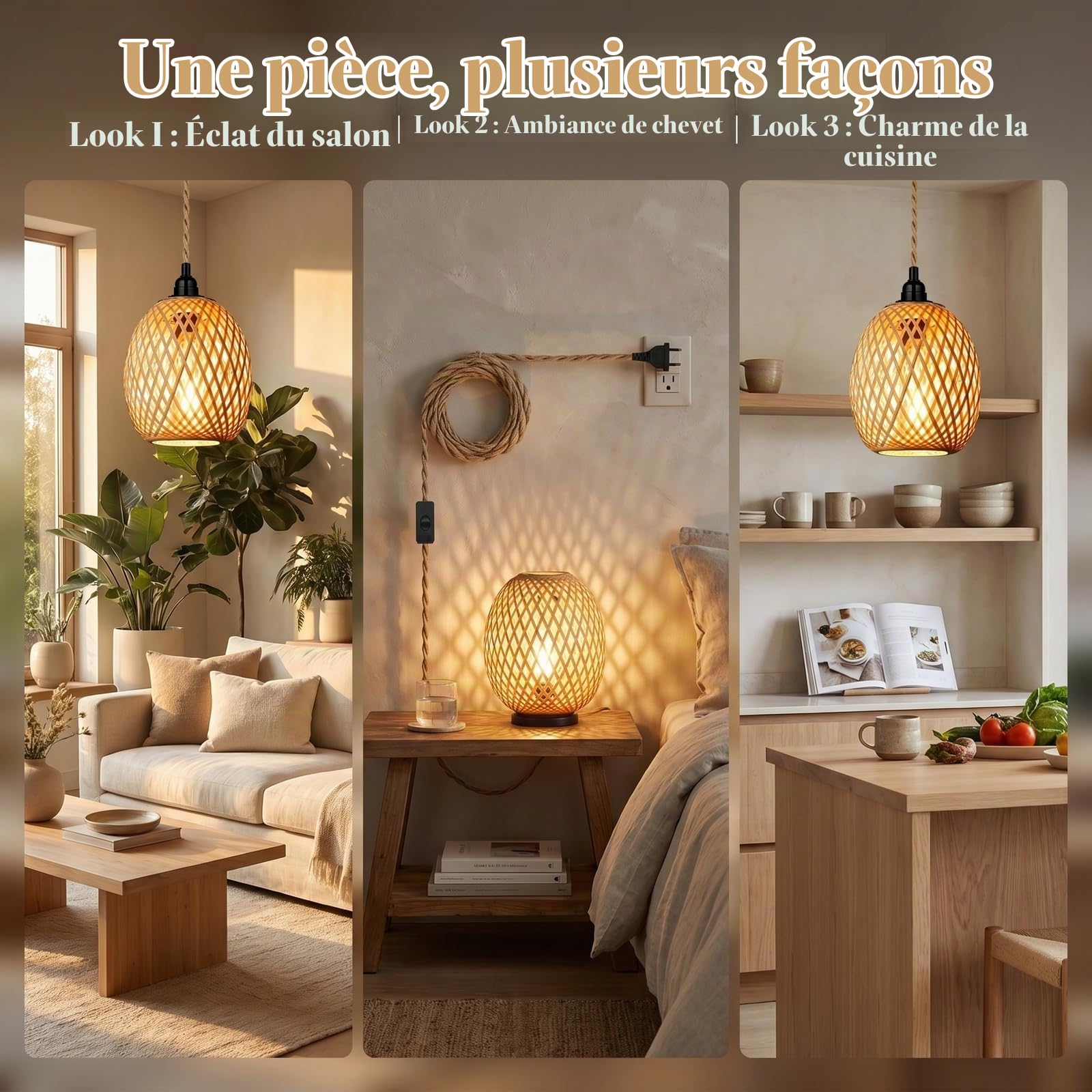 Colexy Suspension Luminaire Bambou avec Câble 4,5m et Prise, Lustre Chambre Corde de Chanvre E27 avec Interrupteur, Abat-Jour Rotin Naturel Style Bohème pour Salon, Cuisine et Décoration Intérieure