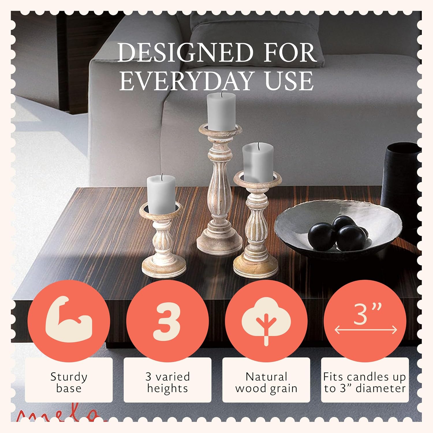 Mela Artisans Hana Mango Wood Candle Holders - Whitewash, Set of 3 image 4