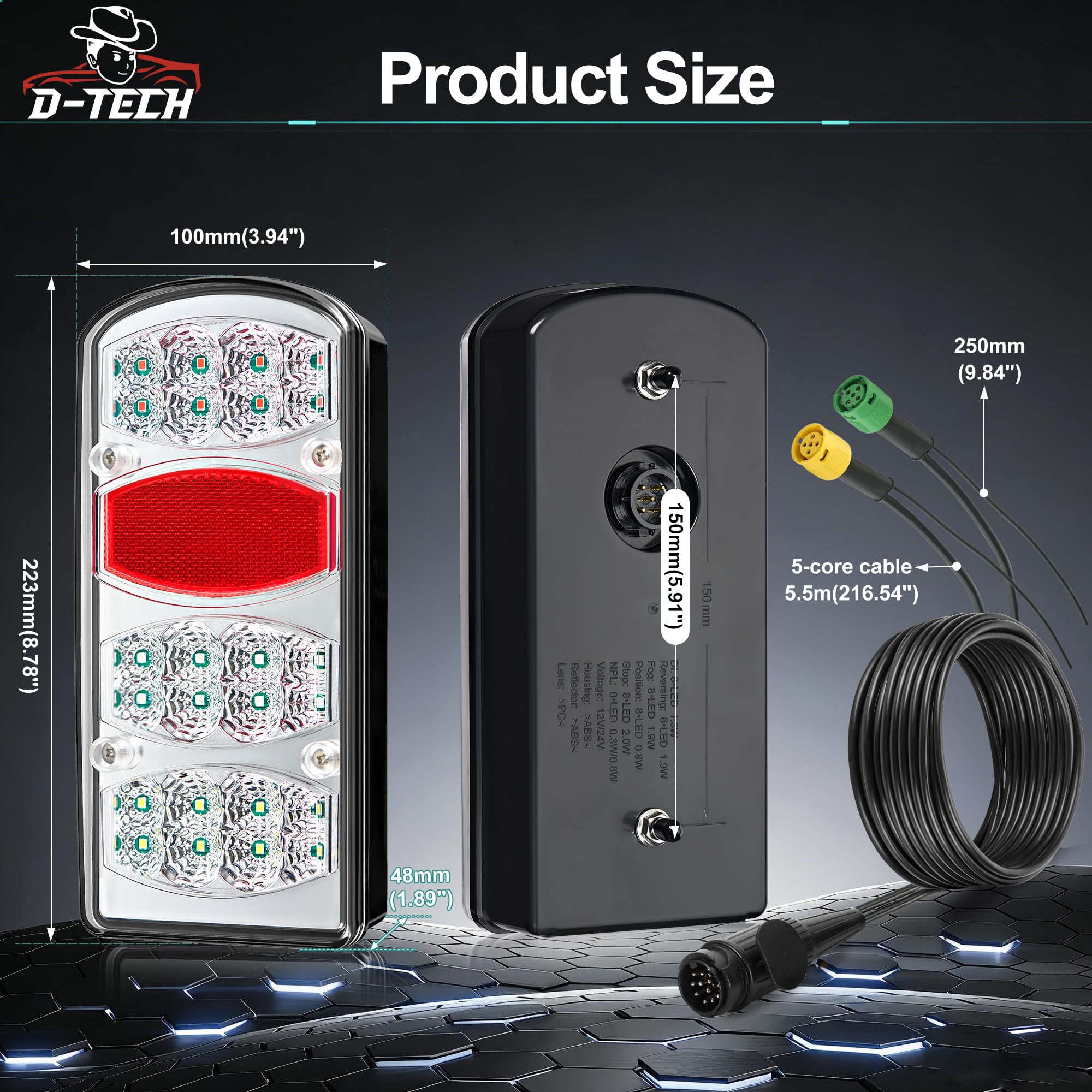 D-TECH Kit Éclairage Feux Arrière Remorque LED 13 Broches 12V 24V avec Faisceau 5,5m + Rallonge 25 cm pour Éclairage de Plaque Feu Antibrouillard Arriere de Gabarit de Recul Remorque