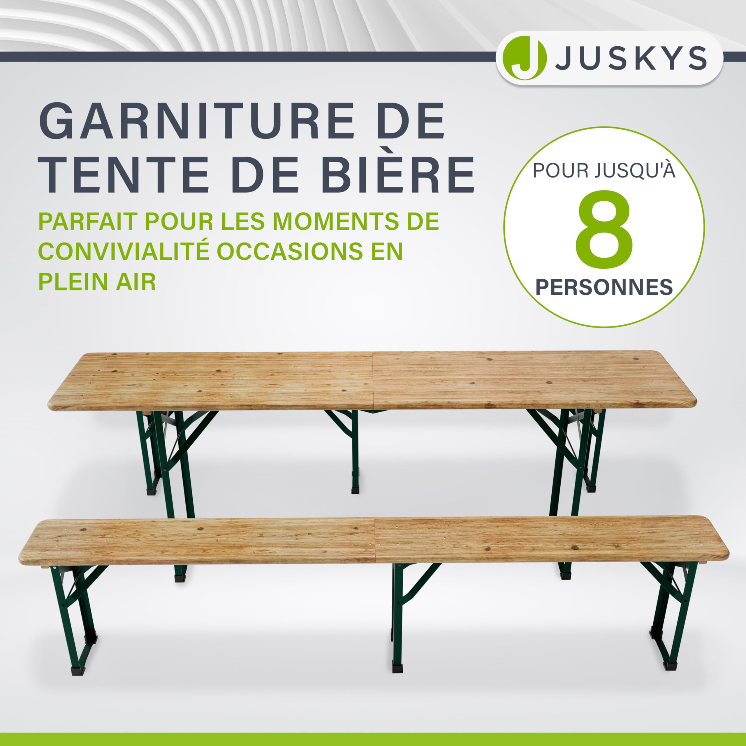 Juskys Ensemble Table et bancs de Brasserie - 3 pièces & Pliable - 220 x 50 x 77 cm - Table Pliante Exterieur & 2 bancs - Set de Meubles de Jardin en Bois de Sapin & Acier