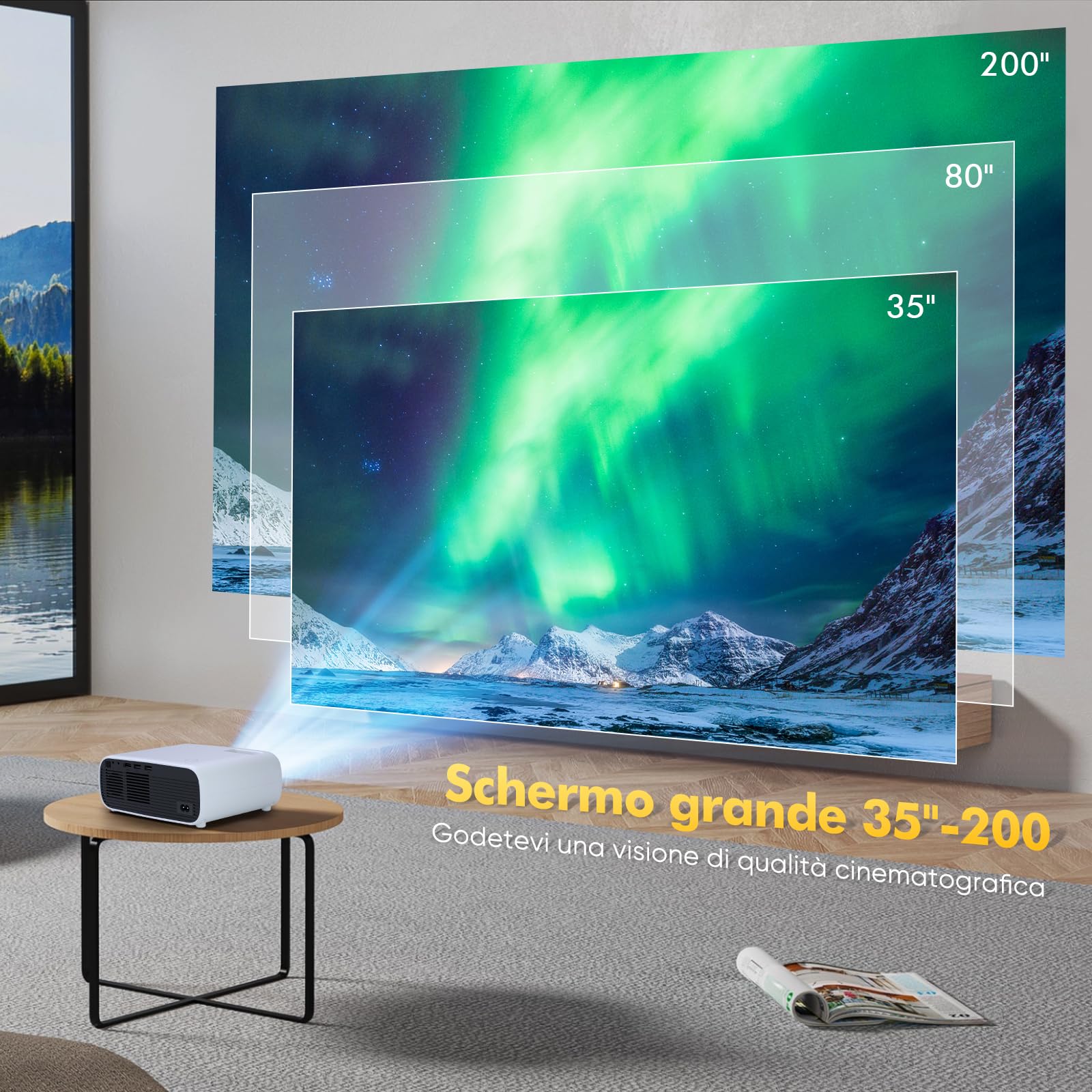 Nuovo proiettore 2024, Bluetooth e WiFi, 18000 lumen con supporto 4K, proiettore video HD, compatibile con PS5 e switch (grigio)