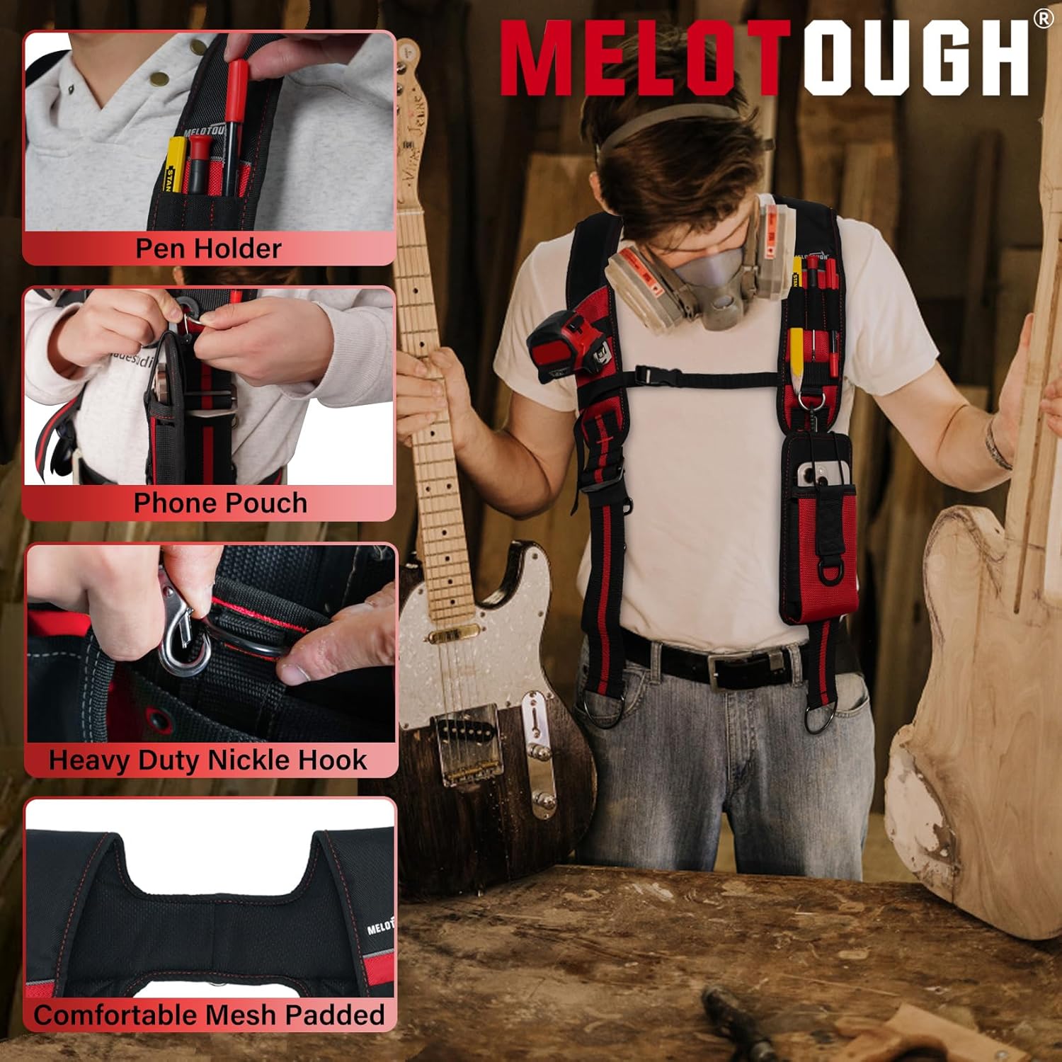 MELOTOUGH Tool Belt Suspenders Construction Bag Suspenders Padded Work Belt Hi Vis Suspenders for Carpenter/Electrician - Image 5