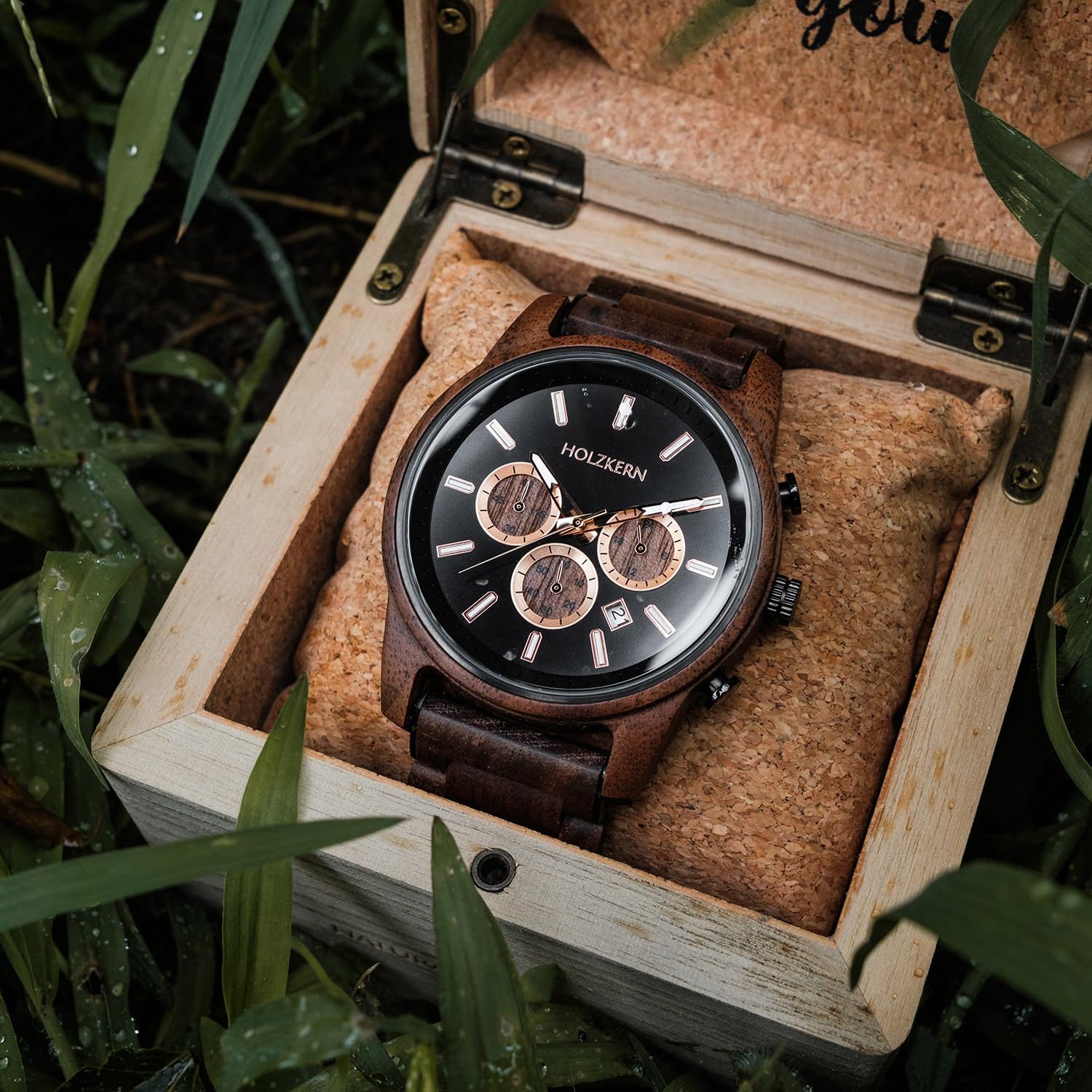 HOLZKERN Herrenuhr Quarz Chronograph Buschwerk Walnuss/Marmor 9010631016364 | Armbanduhr mit japanisches Quarzwer und Zifferblatt aus schwarzem Marmor