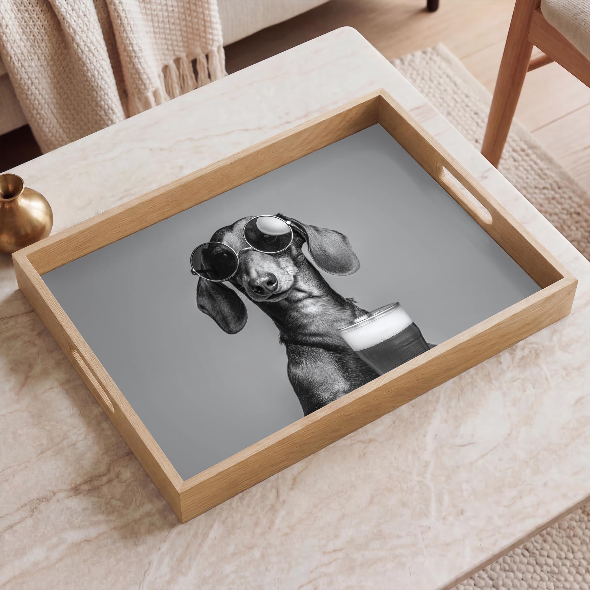 Holztablett Rechteckig 50x35 cm Küchentablett Servier Tablett Eiche Serviertablett Holz Servierplatte Mit Henkel Tray Kaffeetablett Dackel - Bier - Gläser