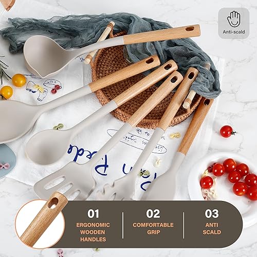 Miniatura 5 de Juego de utensilios de cocina de silicona, resistente al calor, juego de utensilios de cocina grandes con mango de madera largo, espátula de