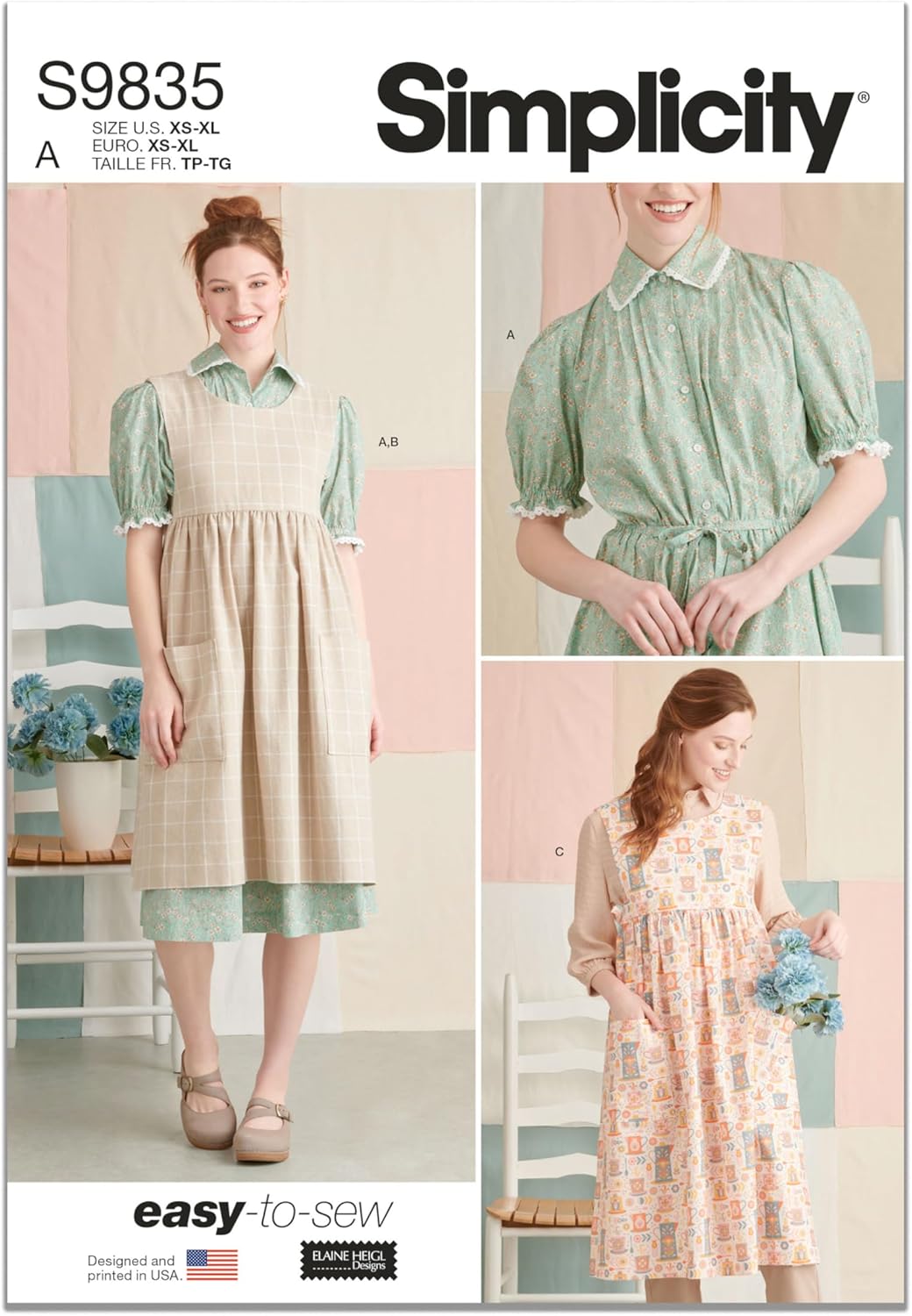 Simplicity SS9835A Misses' Pullover Dress and Pinafore Apron Sewing Pattern Kit Elaine Heigl Designs, Design Code S9835, Sizes XS-S-M-L-XL