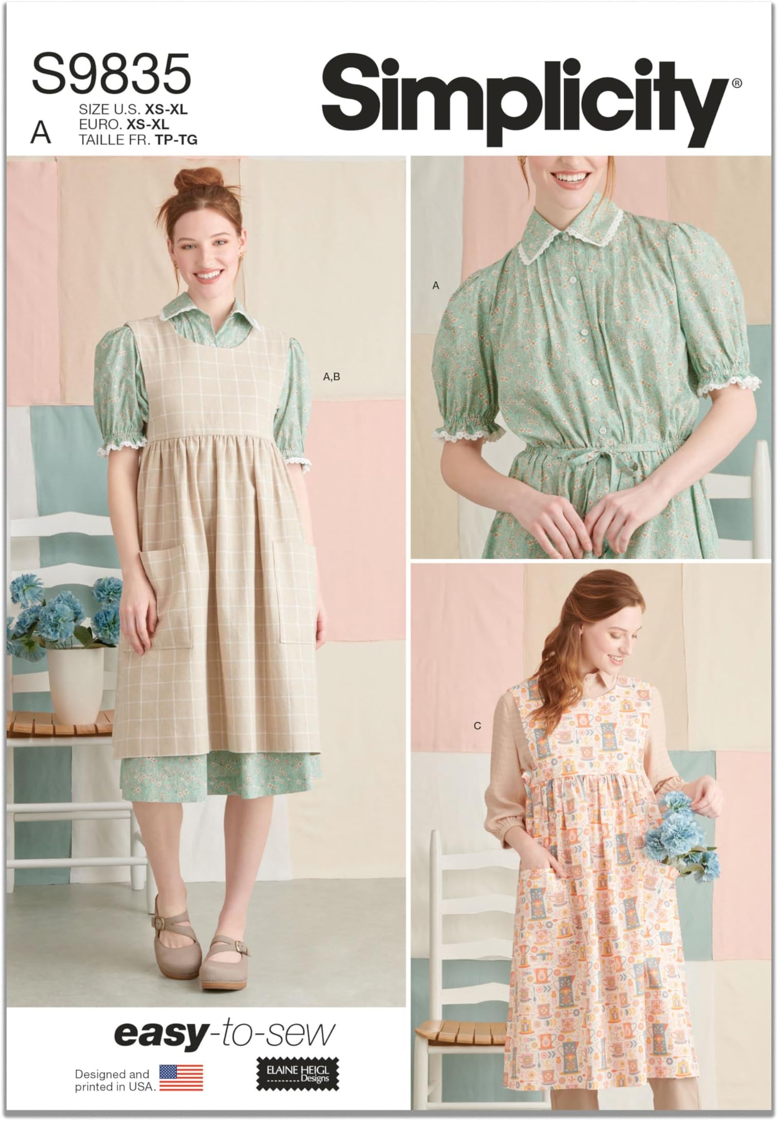 SS9835A Misses' Pullover Dress and Pinafore Apron Sewing Pattern Kit Elaine Heigl Designs, Design Code S9835, Sizes XS-S-M-L-XL