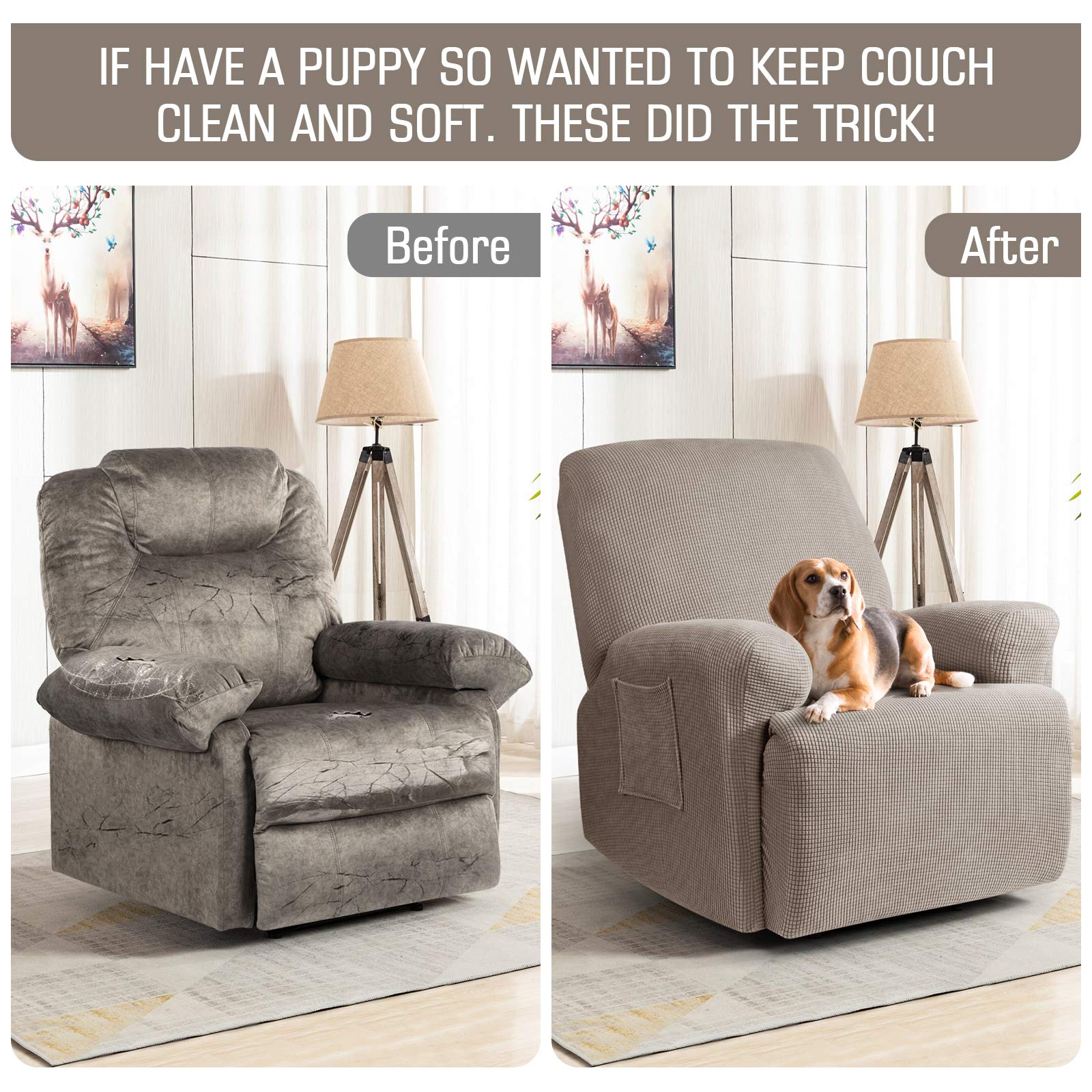 Recliner Cover 4-Pieces, TAOCOCO Recliner Stretch Sofa Slipcover Recliner Cover 1 Seat Couch Protector Soft Furniture Protector Covers with Elastic Chair Covers Jacquard Pattern Pale Brown