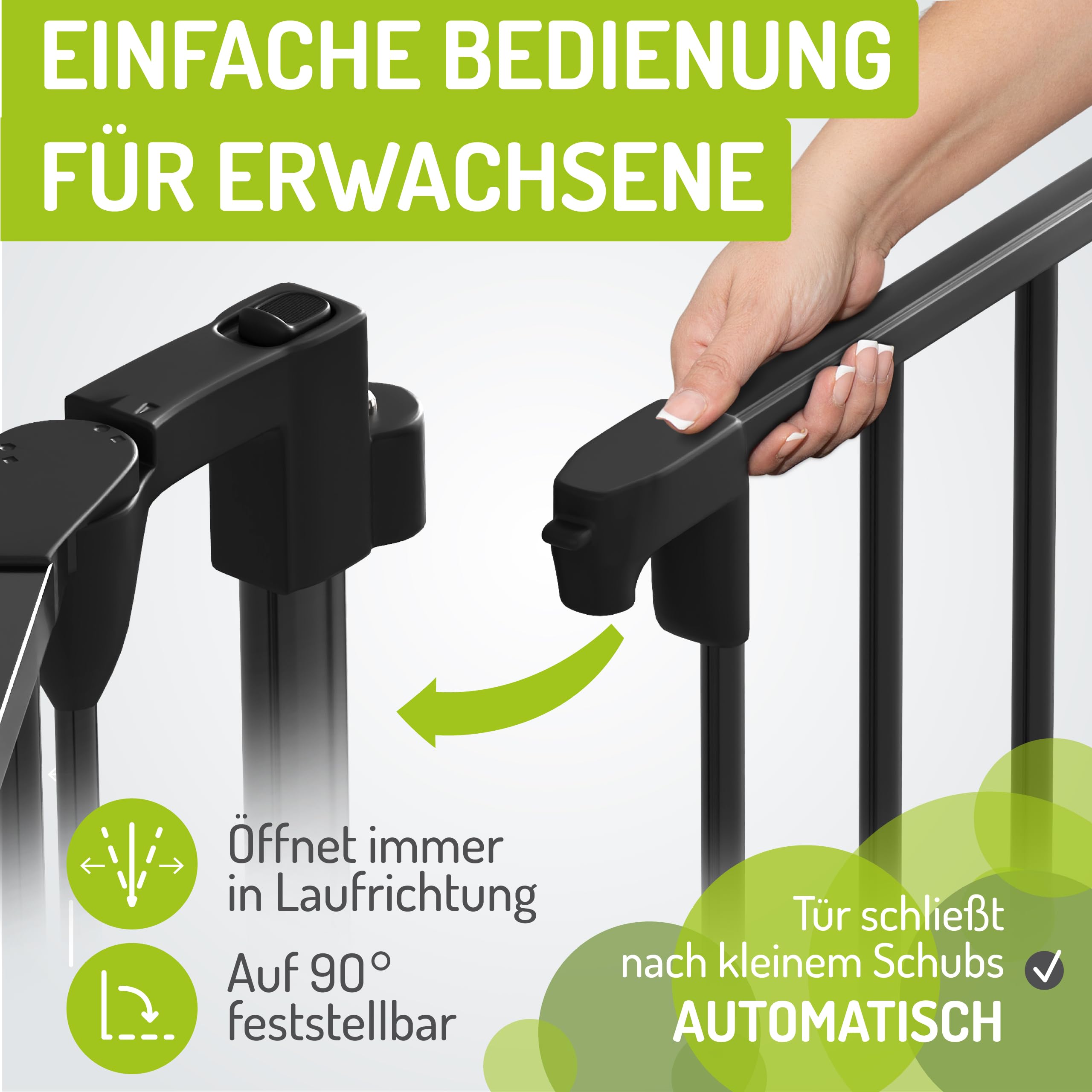 BOMI Treppenschutzgitter Milo bis 525 cm | Extrabreite Tür: 75 cm Durchgang | 90° Stop | Schließt automatisch | Über 500cm in Schwarz | Treppenschutzgitter Türgitter Klemmgitter