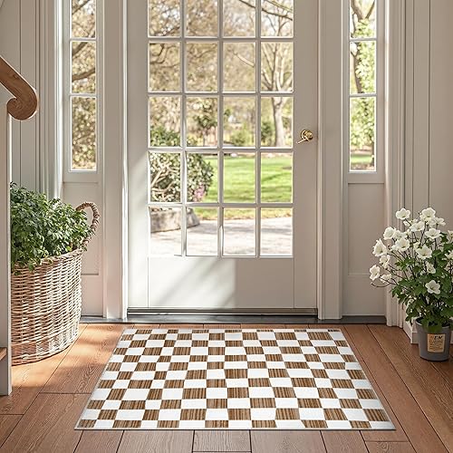 Miniatura 3 de Jinchan 2x3 Alfombra para niños lavable para interiores, tapete antideslizante para entrada, moderna, a cuadros, geométrica, de celosía, alfombra