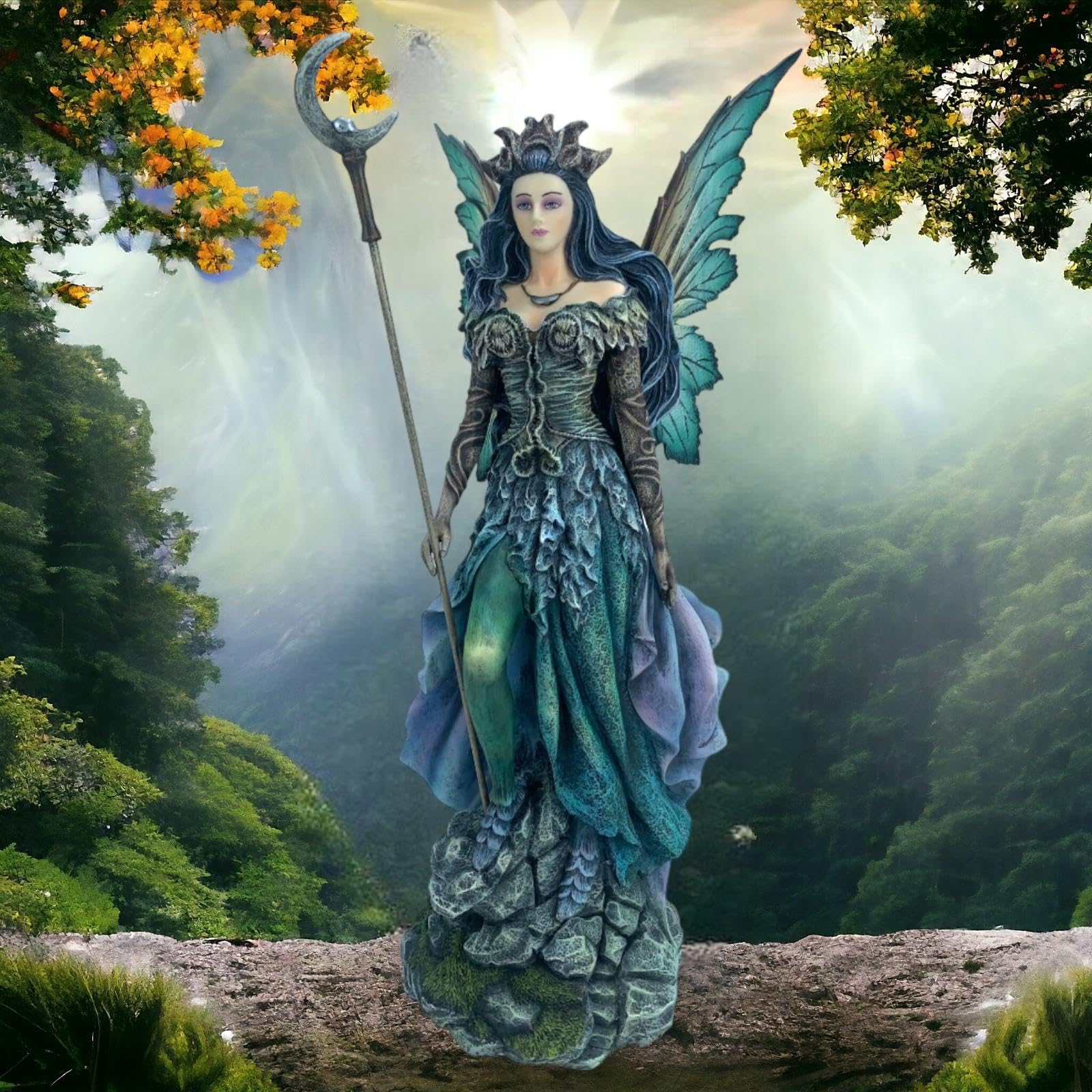 Osiris Trading UKMystical Moon Fairy Holding Staff Statue, Sculpture for Indoor Fantasy Home Decor, Enchanting Fairy Tale Ornament, Whimsical Collectible