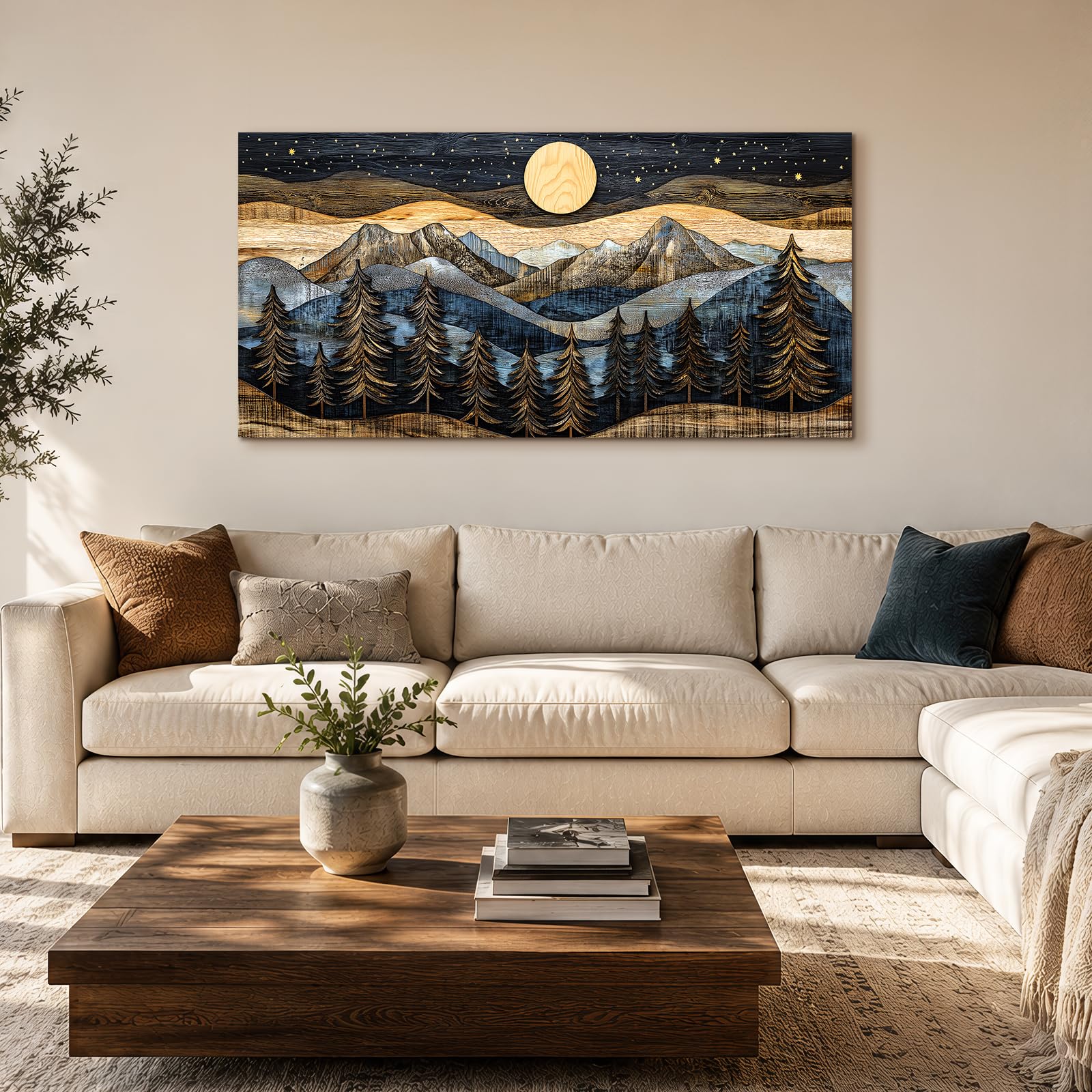hyidecorart Modern Bilder Wohnzimmer Wald Berge Aesthetic Gemälde 73x146 cm | Feine Muster, Kunst, HD-Druck, Große Formate, Einfach Aufzuhängen, Schnellinstallation, Ruhige Wanddeko, Geschenk