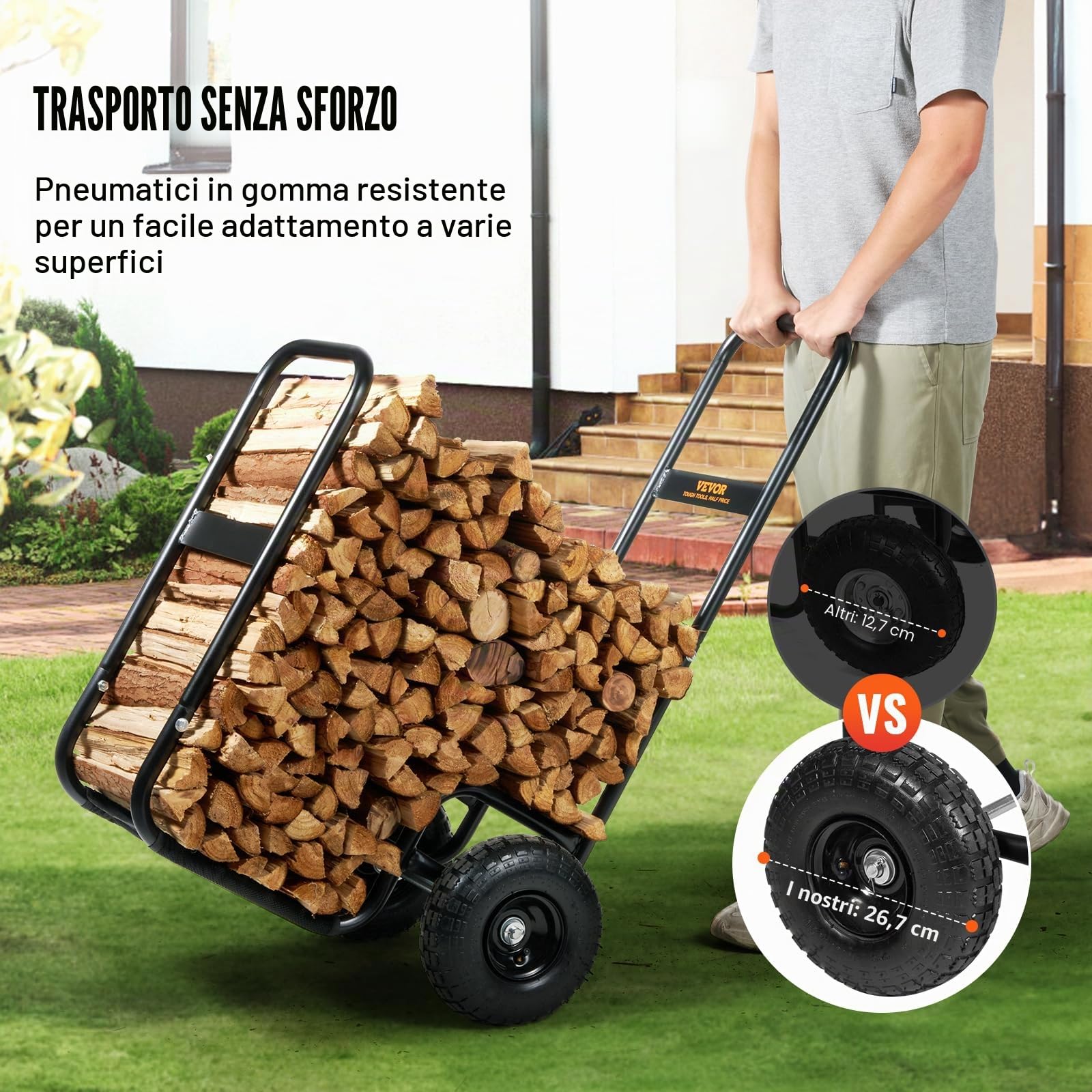 VEVOR Carrello per legna da ardere, 113,4 kg, per esterni e interni, con ruote pneumatiche, trasportatore in acciaio resistente, supporto per camino