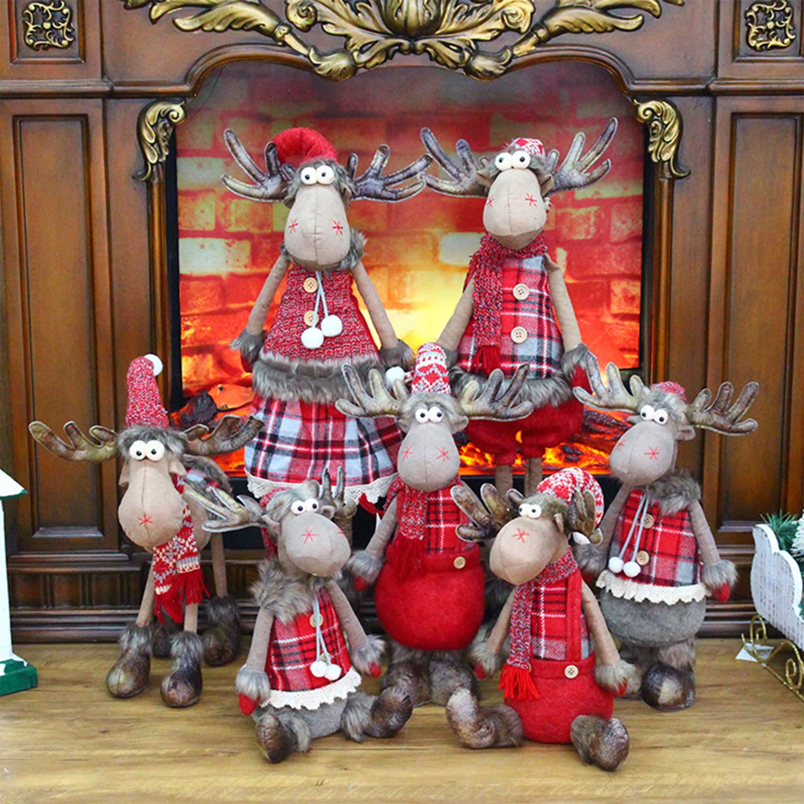 Muñeco navideño de ciervo de patas largas para Navidad, muñeco de peluche retráctil, larga para sentarse, chimenea, decoración de Navidad