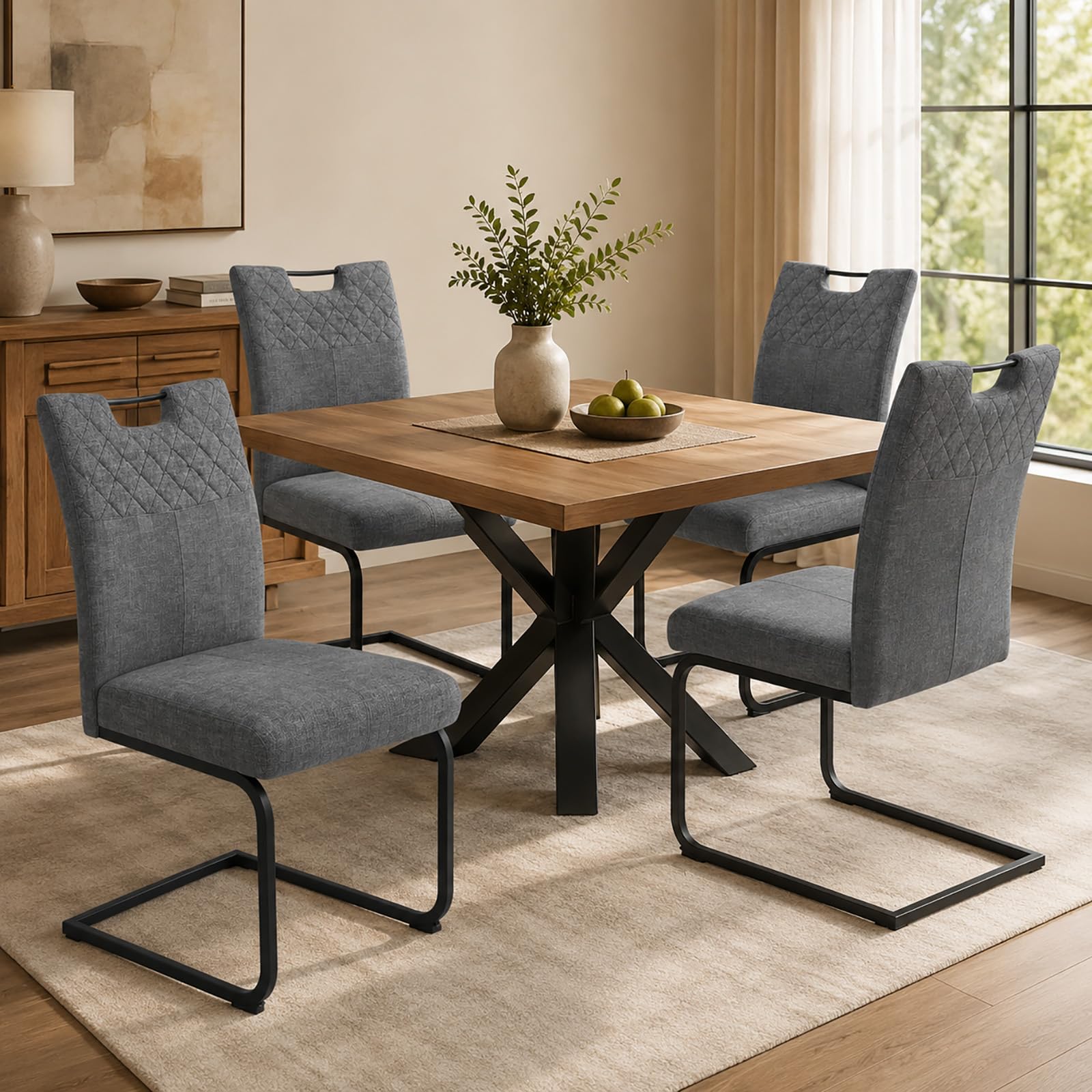 JIEXI Freischwinger Esszimmerstühle 4er Set – Schwingstuhl Stuhl Mit Stoffbezug, Gesteppter Rückenlehne & Metallgestell, Küchenstuhl/Essstuhl Modern, Bequem & Stabil (4 Graue Stühle)