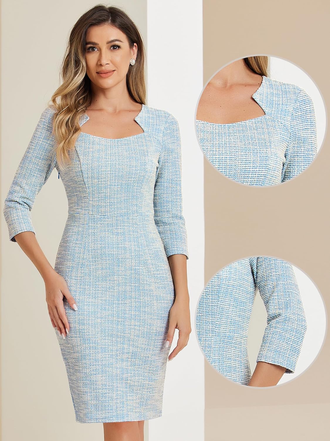 Allegra K Tweed Dress for Women Elegant 3/4 Sleeve Plaid Business Work Bodycon Pencil Dress - Image 4