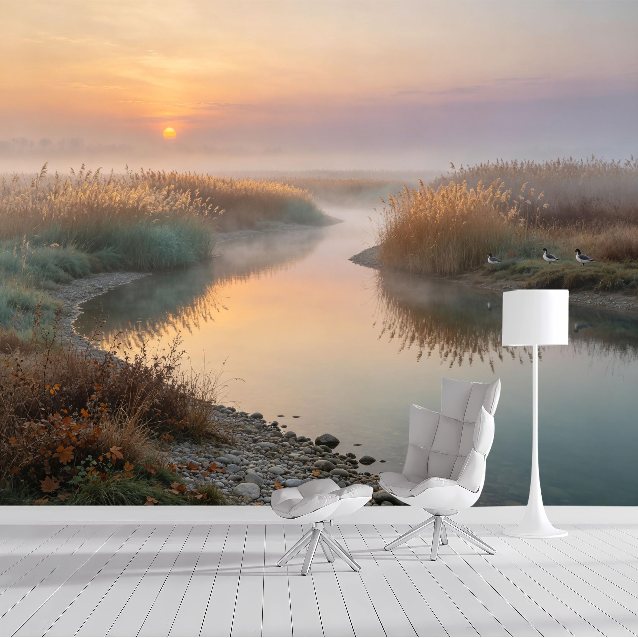 Custom Size Wall Mural Misty Sunrise River Reed Landscape Seascape Coastal Foggy Morning Waterfall Reflection SelfAdhesive Wall Fabric Removable Wallpaper for Living Room Bedroom Bathroom