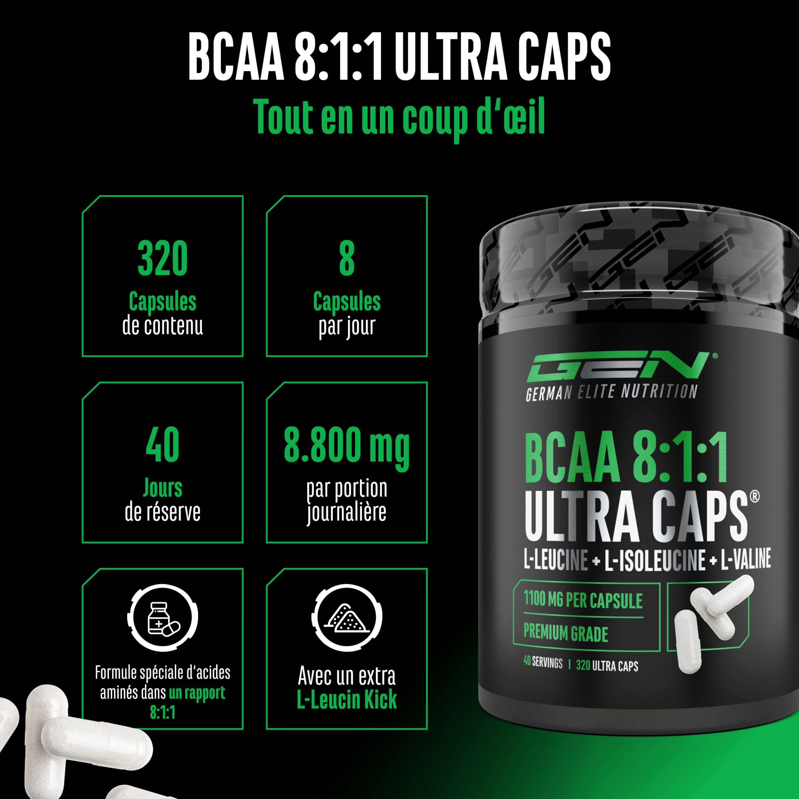 BCAA Ultra Caps 320 Gélules - 1100 mg par Gélule - Extra Hautement Dosé & Pur - Ratio 8:1:1 - L-Leucine, L-Isoleucine, L-Valine - Acides Aminés Essentiels