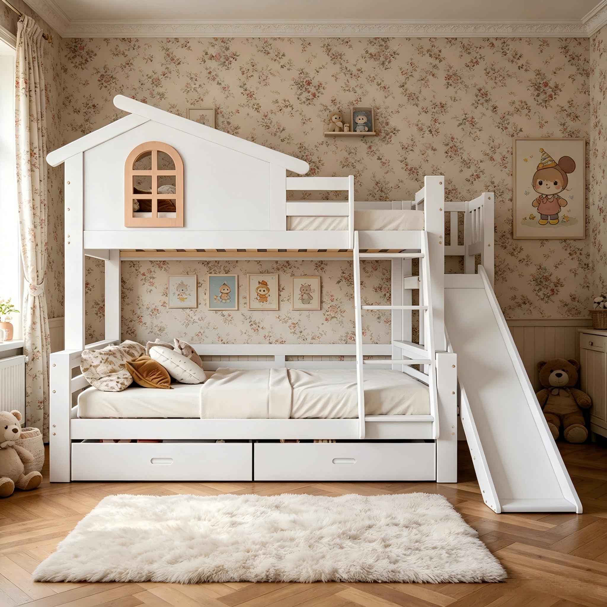 Letto a castello con finestre e scale ribaltabili a quattro livelli, bambini e letto madre con scivolo, telaio in legno massello bianco, 90 x 200 cm e 120 x 200 cm (letto a castello + 1 letto