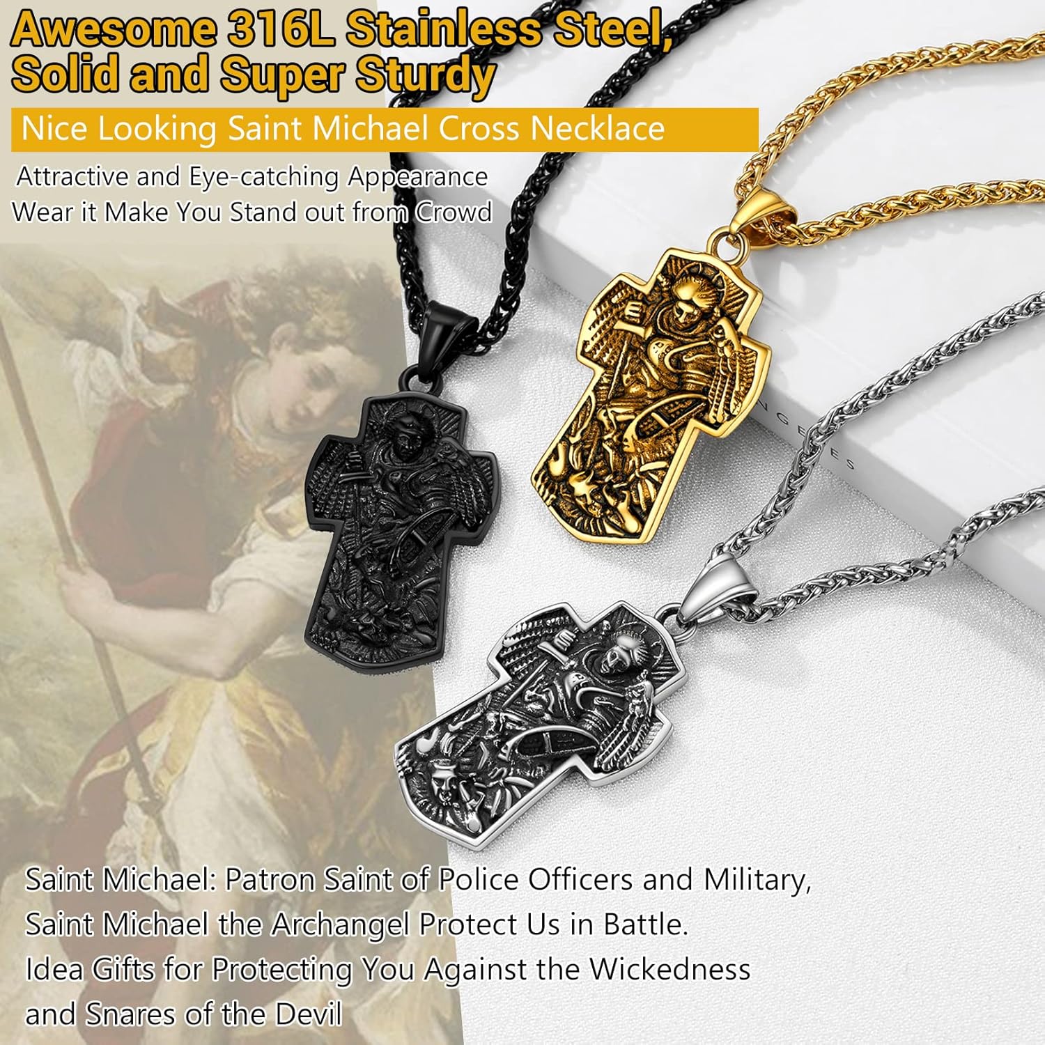 PROSTEEL Gold Plated Big Cross Pendant St. Michael The Archangel Customized Necklace Steel Men Jewelry