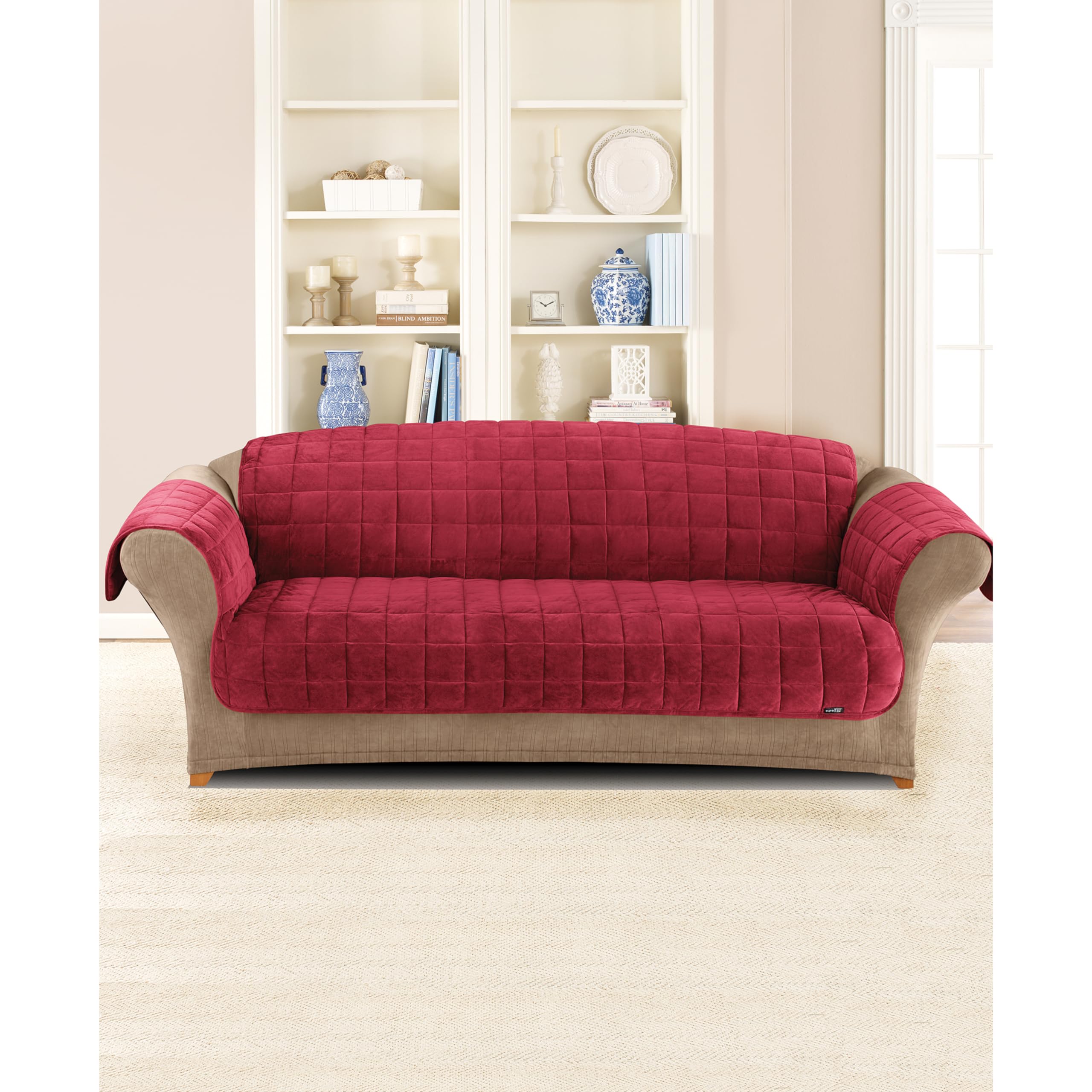 SureFit Deluxe Pet Sofa Cover Furniture Protector, Plush Mink Couch with Odor Control Pet Protector, Machine Washable Sofa Cover, Burgundy Furniture Cover